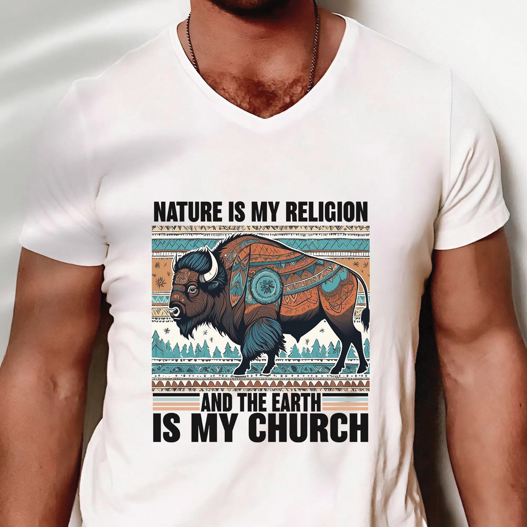 Nature Is My Religion Earth Is My Church Indigenous Bison Art Unisex T-shirt/T-shirt V-Neck/Hoodie/Sweatshirt