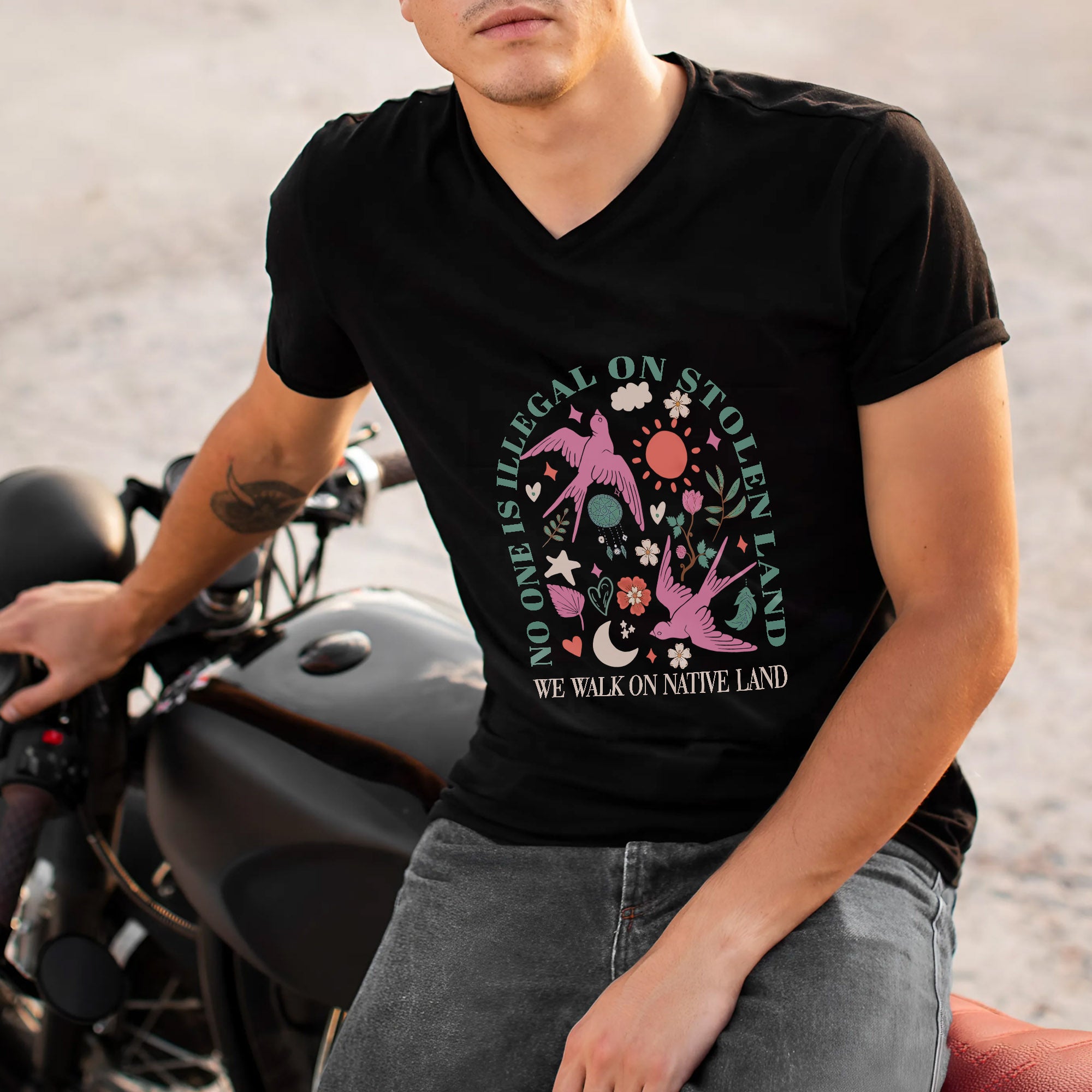 No One Is Illegal on Stolen Land We Walk on Native Land Unisex T-shirt/V-neck T-shirt/Hoodie/Sweatshirt One Side N316