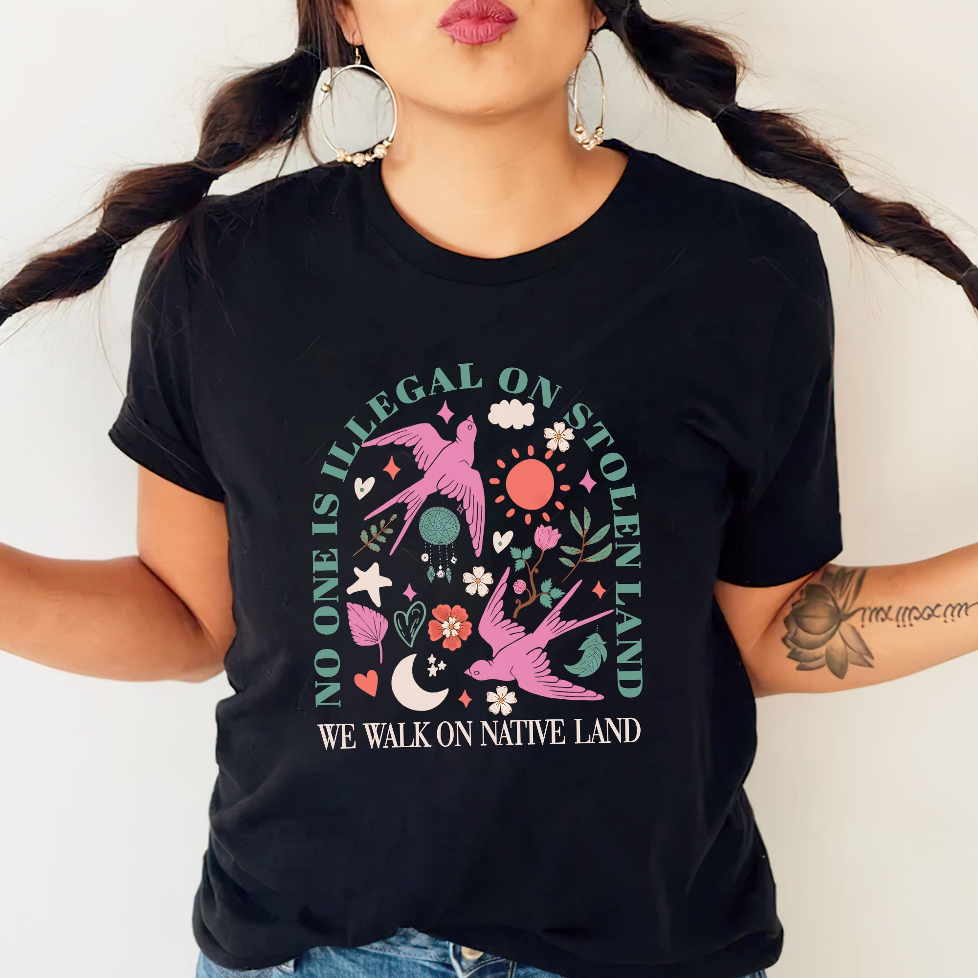 No One Is Illegal on Stolen Land We Walk on Native Land Unisex T-shirt/V-neck T-shirt/Hoodie/Sweatshirt One Side N316