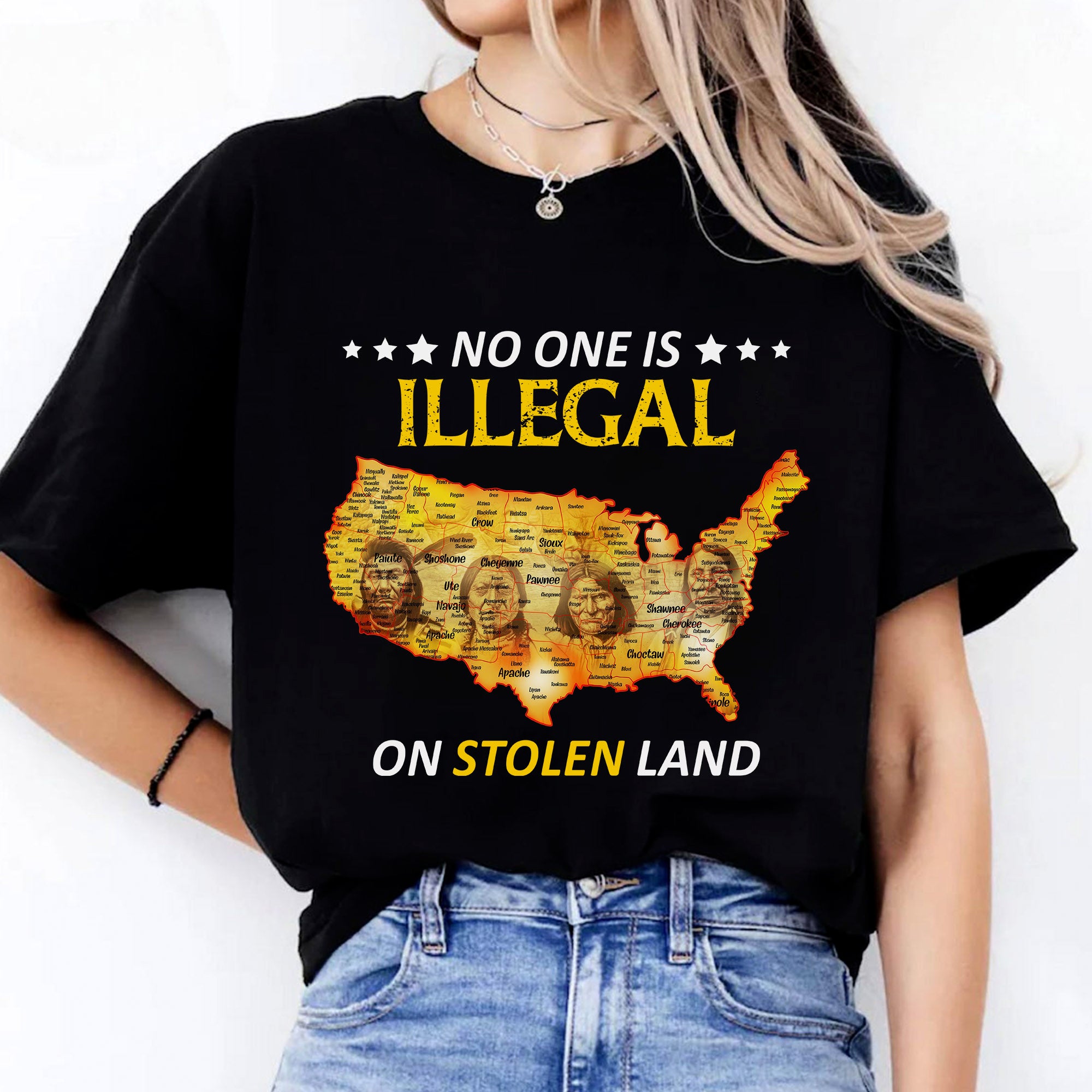 No One Is Illegal - Stolen Land Native American Map Unisex T-shirt/T-shirt V-Neck/Hoodie/Sweatshirt