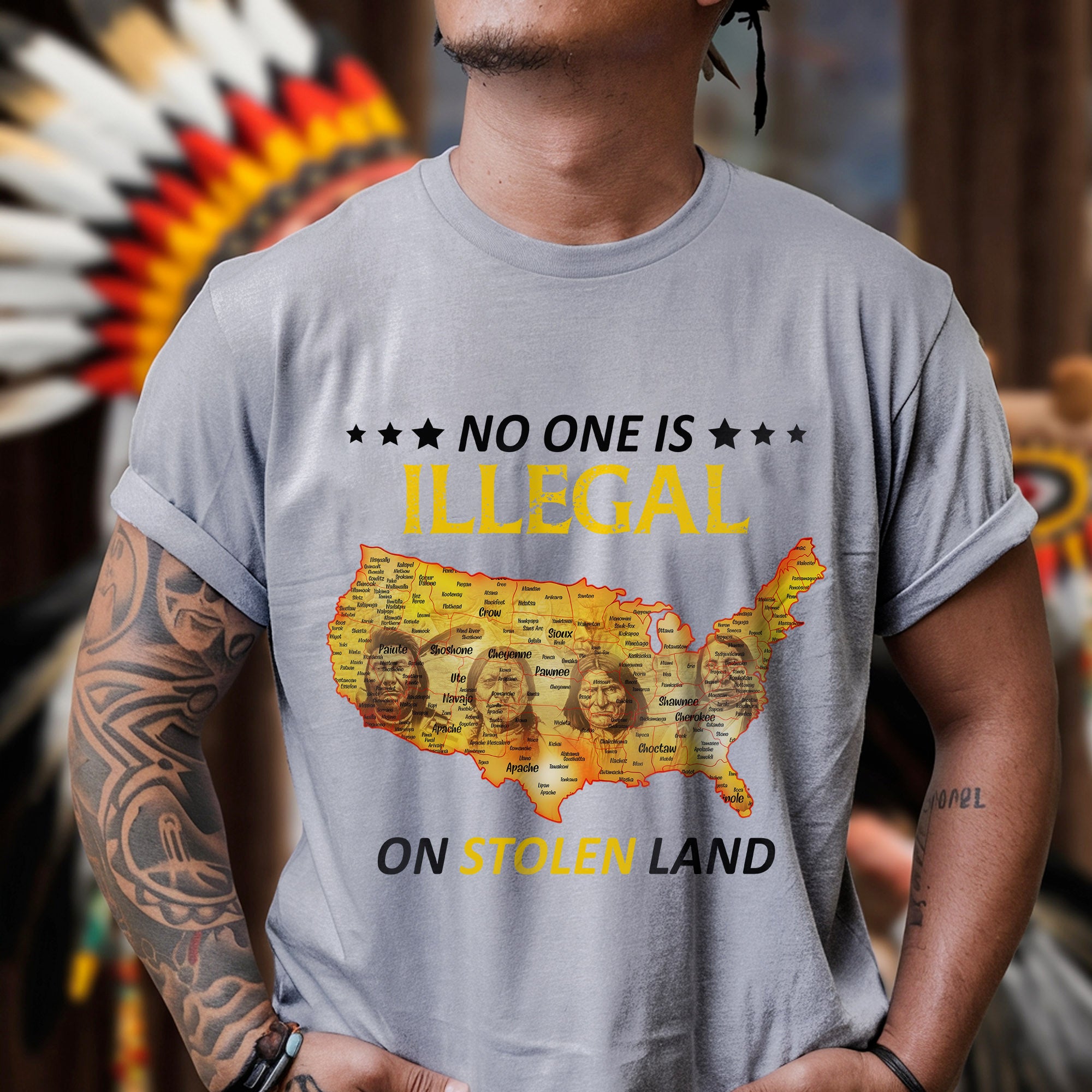 No One Is Illegal - Stolen Land Native American Map Unisex T-shirt/T-shirt V-Neck/Hoodie/Sweatshirt