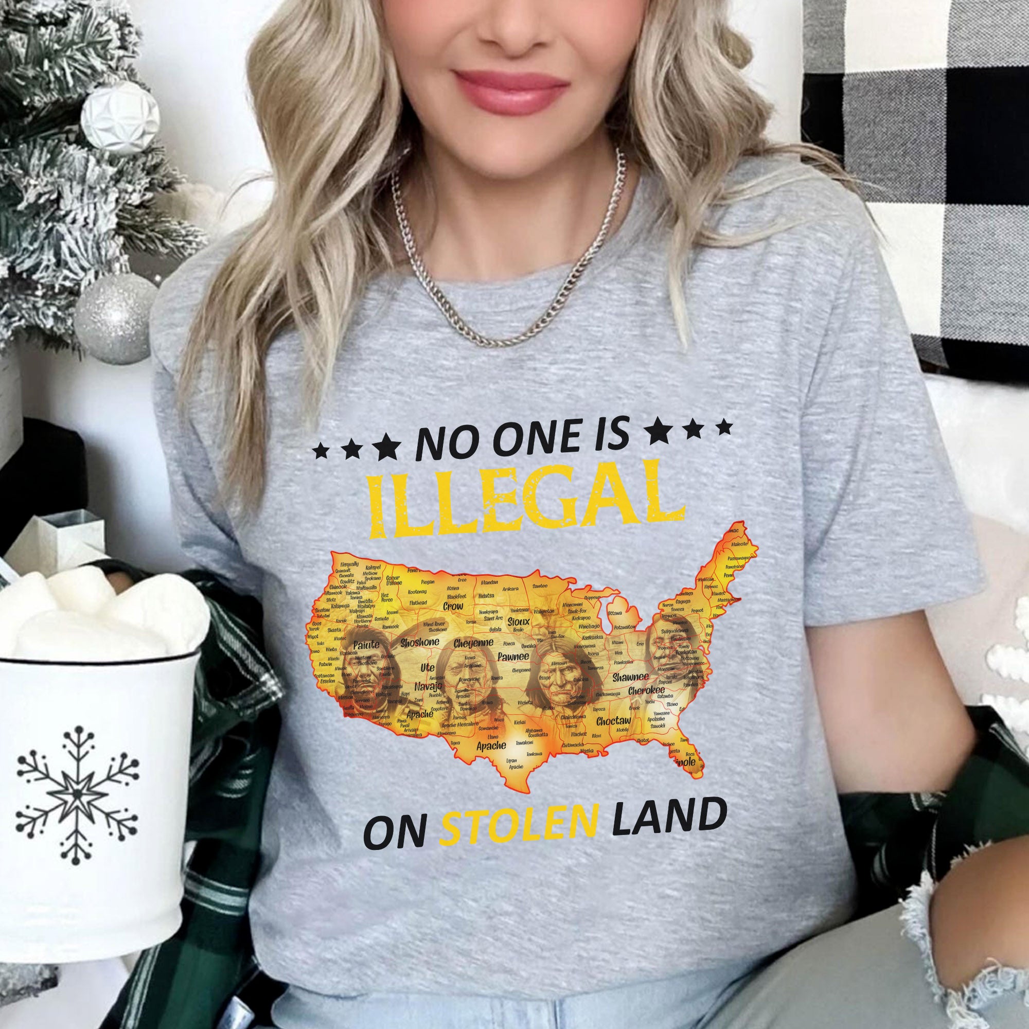 No One Is Illegal - Stolen Land Native American Map Unisex T-shirt/T-shirt V-Neck/Hoodie/Sweatshirt