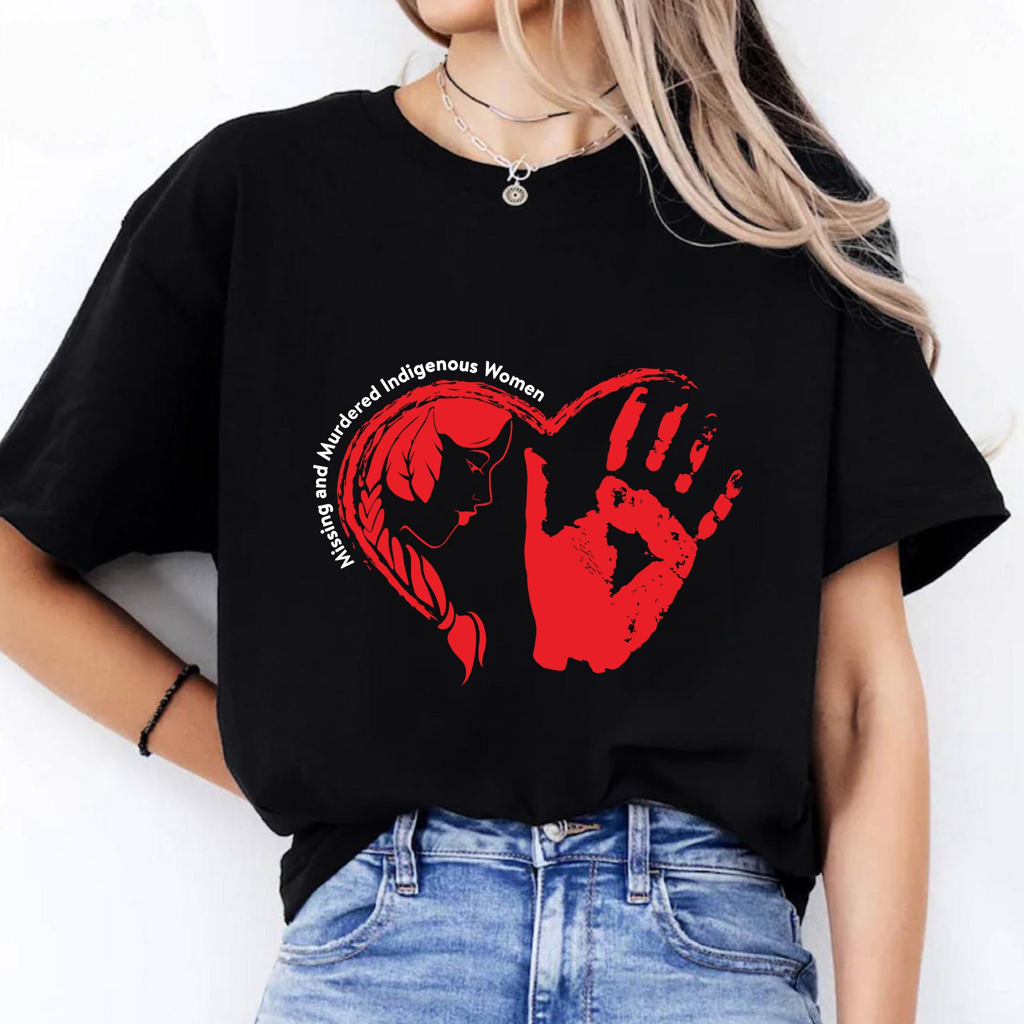 Heart Red Hand Missing and Murdered Indigenous Women Awareness Unisex T-shirt/T-shirt V-Neck/Hoodie/Sweatshirt