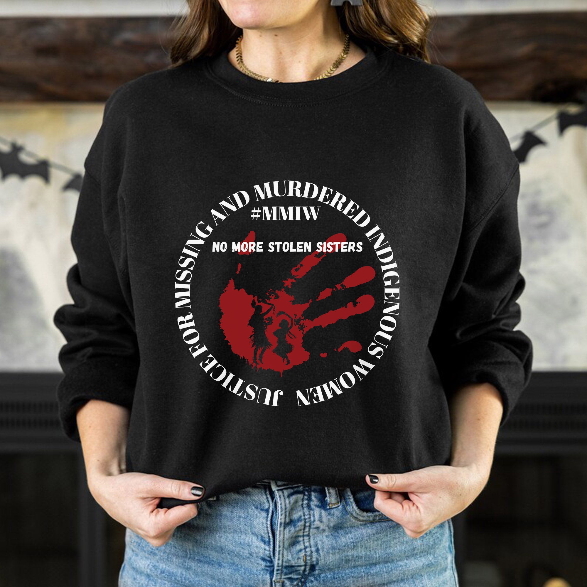 No More Stolen Sisters - MMIW Red Handprint & Silhouette Indigenous Women Unisex T-shirt/T-shirt V-Neck/Hoodie/Sweatshirt