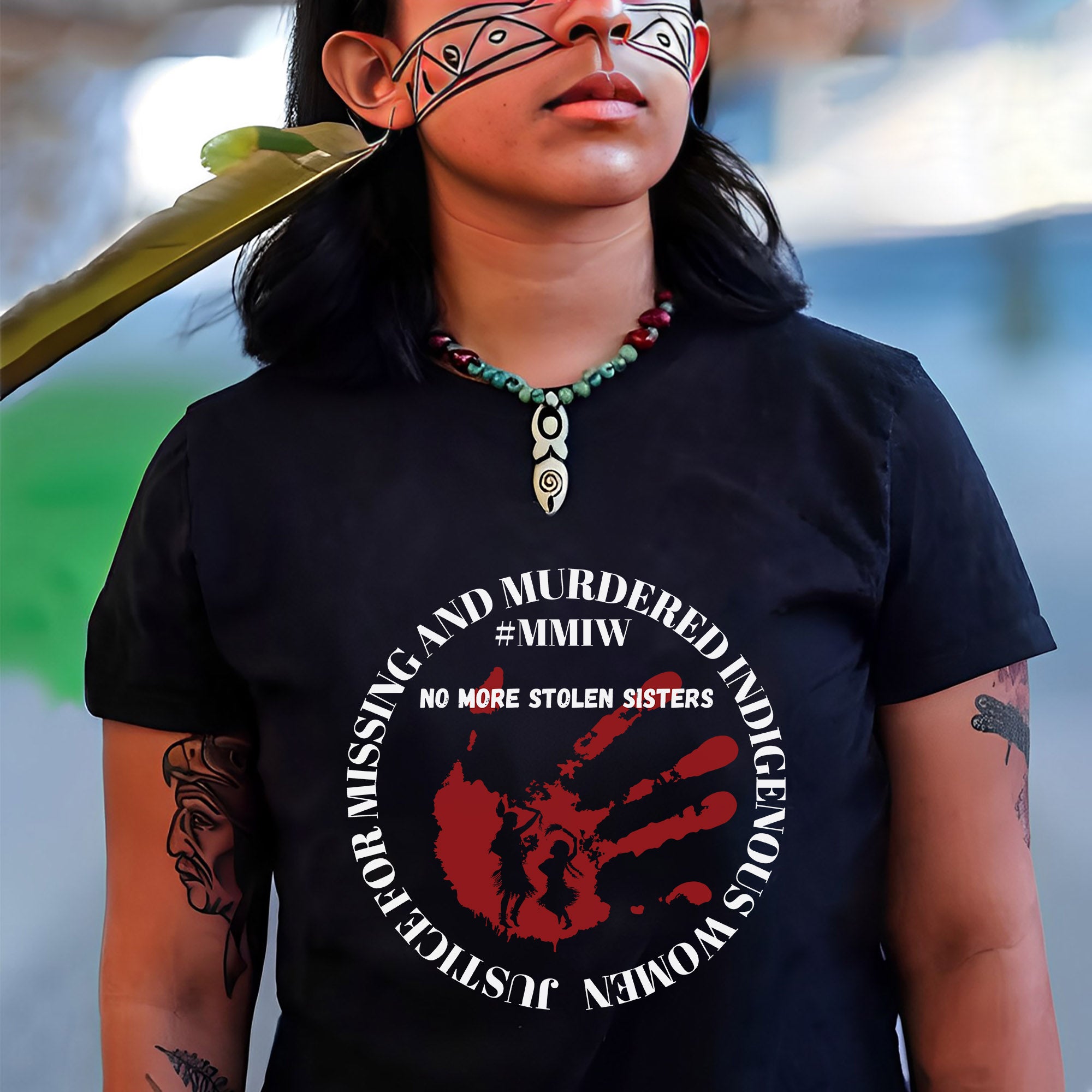No More Stolen Sisters - MMIW Red Handprint & Silhouette Indigenous Women Unisex T-shirt/T-shirt V-Neck/Hoodie/Sweatshirt
