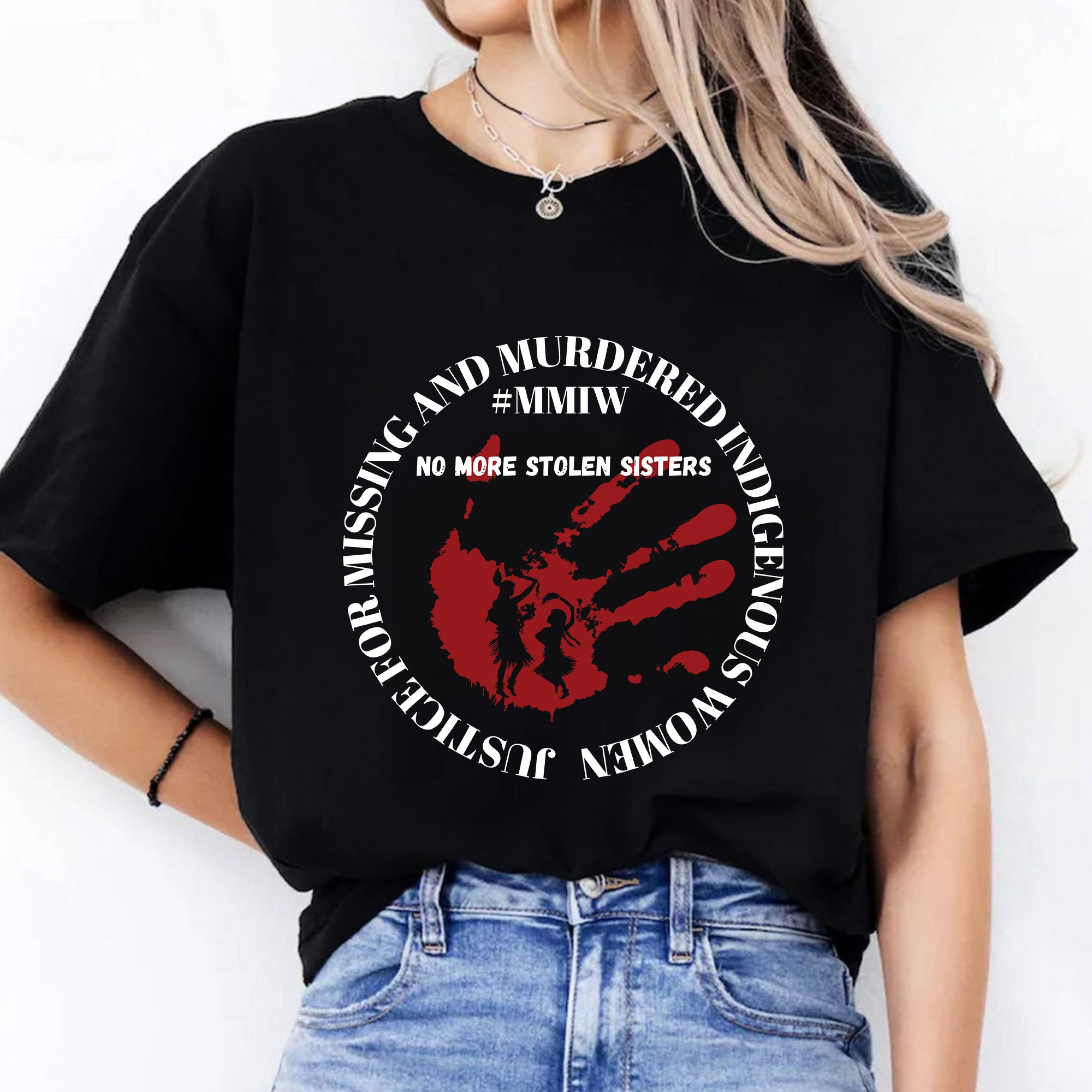 No More Stolen Sisters - MMIW Red Handprint & Silhouette Indigenous Women Unisex T-shirt/T-shirt V-Neck/Hoodie/Sweatshirt