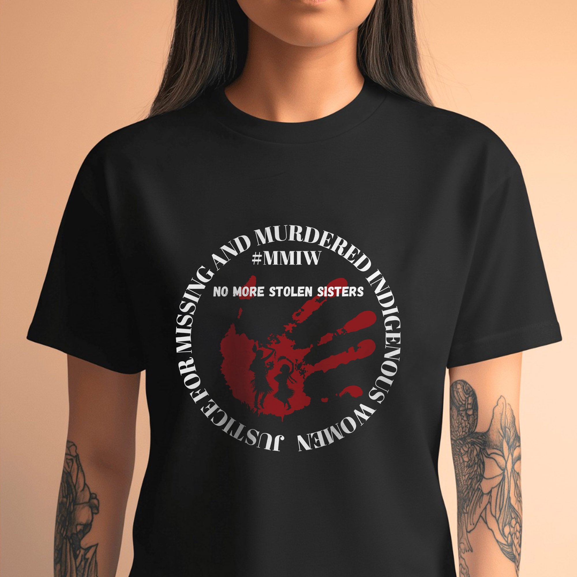 No More Stolen Sisters - MMIW Red Handprint & Silhouette Indigenous Women Unisex T-shirt/T-shirt V-Neck/Hoodie/Sweatshirt