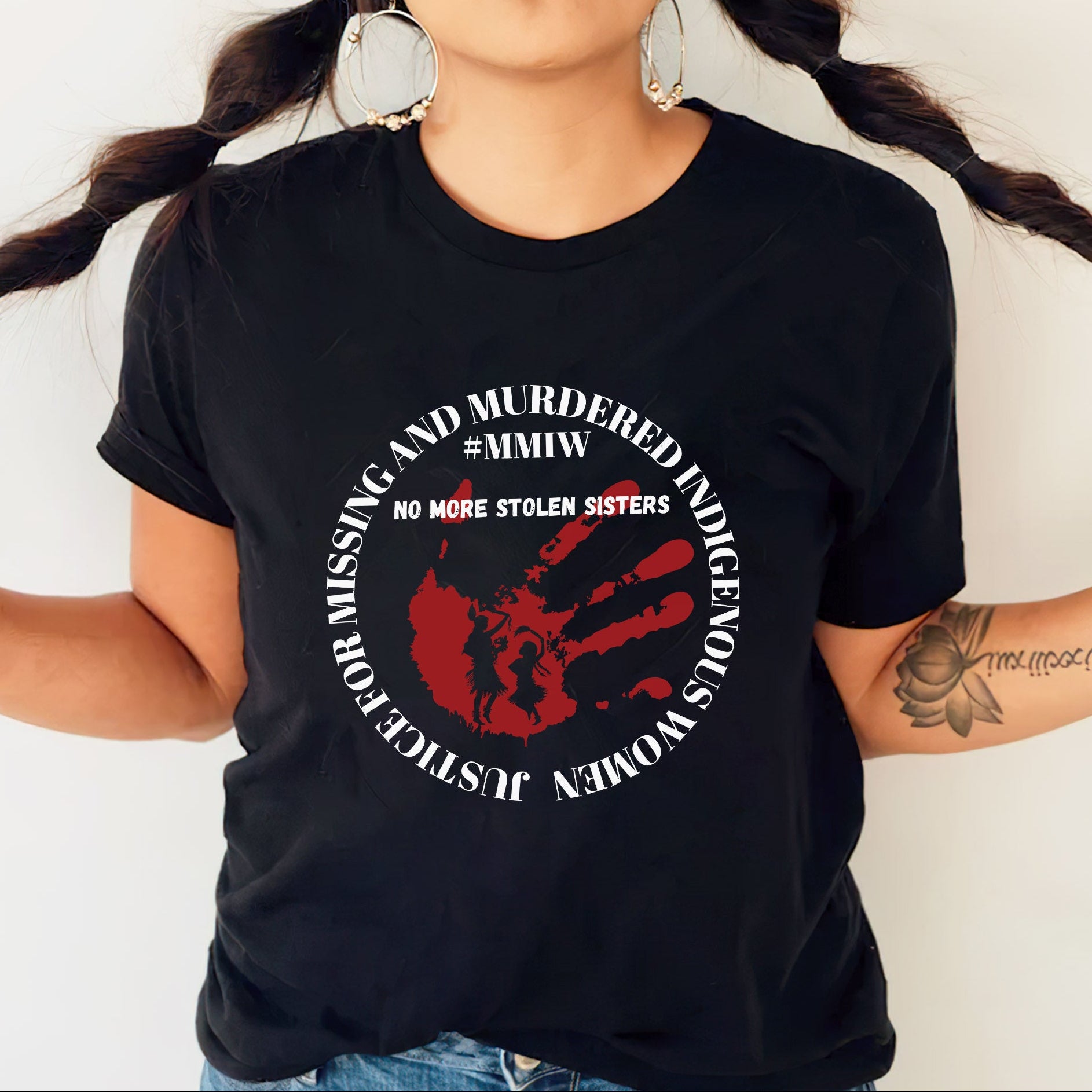 No More Stolen Sisters - MMIW Red Handprint & Silhouette Indigenous Women Unisex T-shirt/T-shirt V-Neck/Hoodie/Sweatshirt