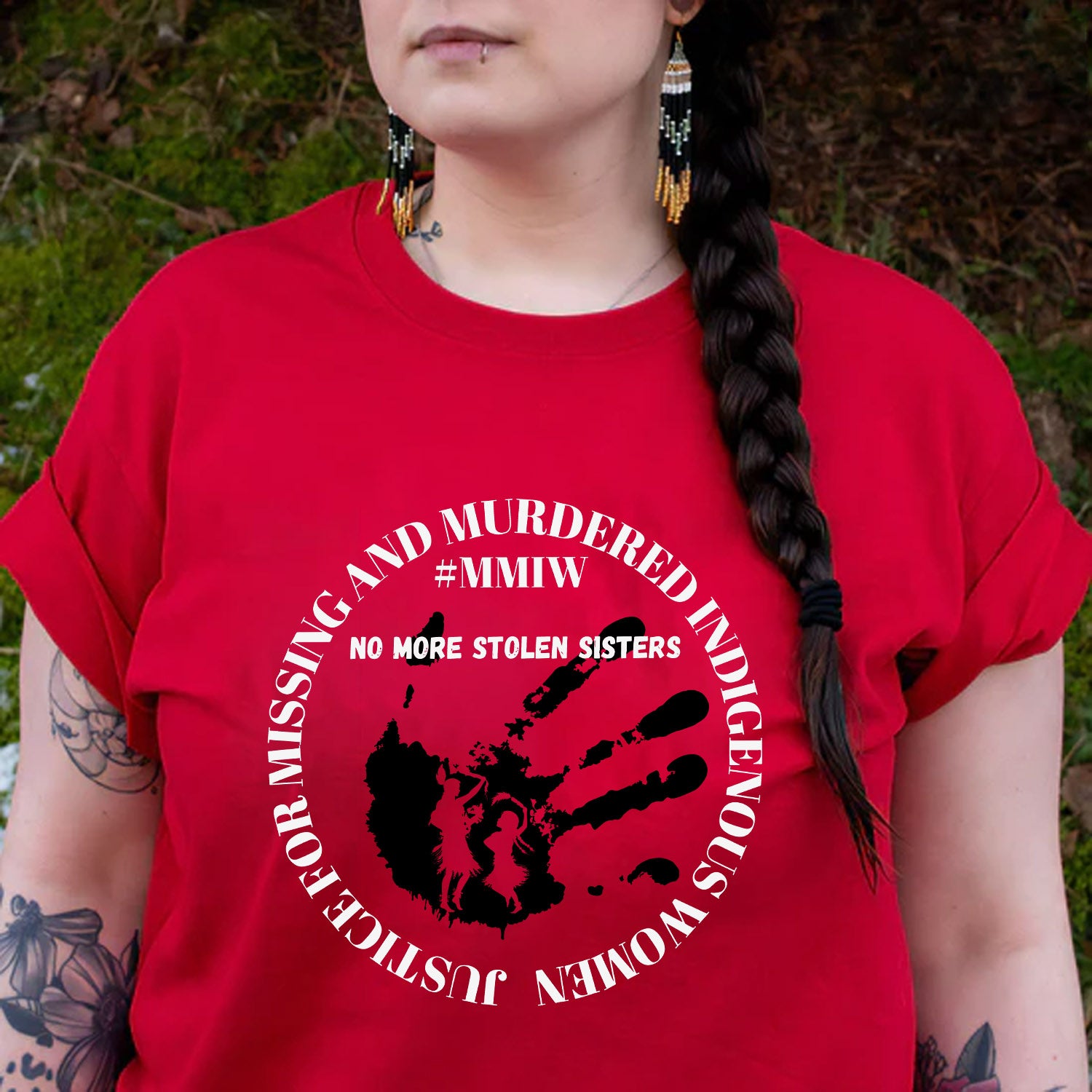 No More Stolen Sisters - MMIW Red Handprint & Silhouette Indigenous Women Unisex T-shirt/T-shirt V-Neck/Hoodie/Sweatshirt