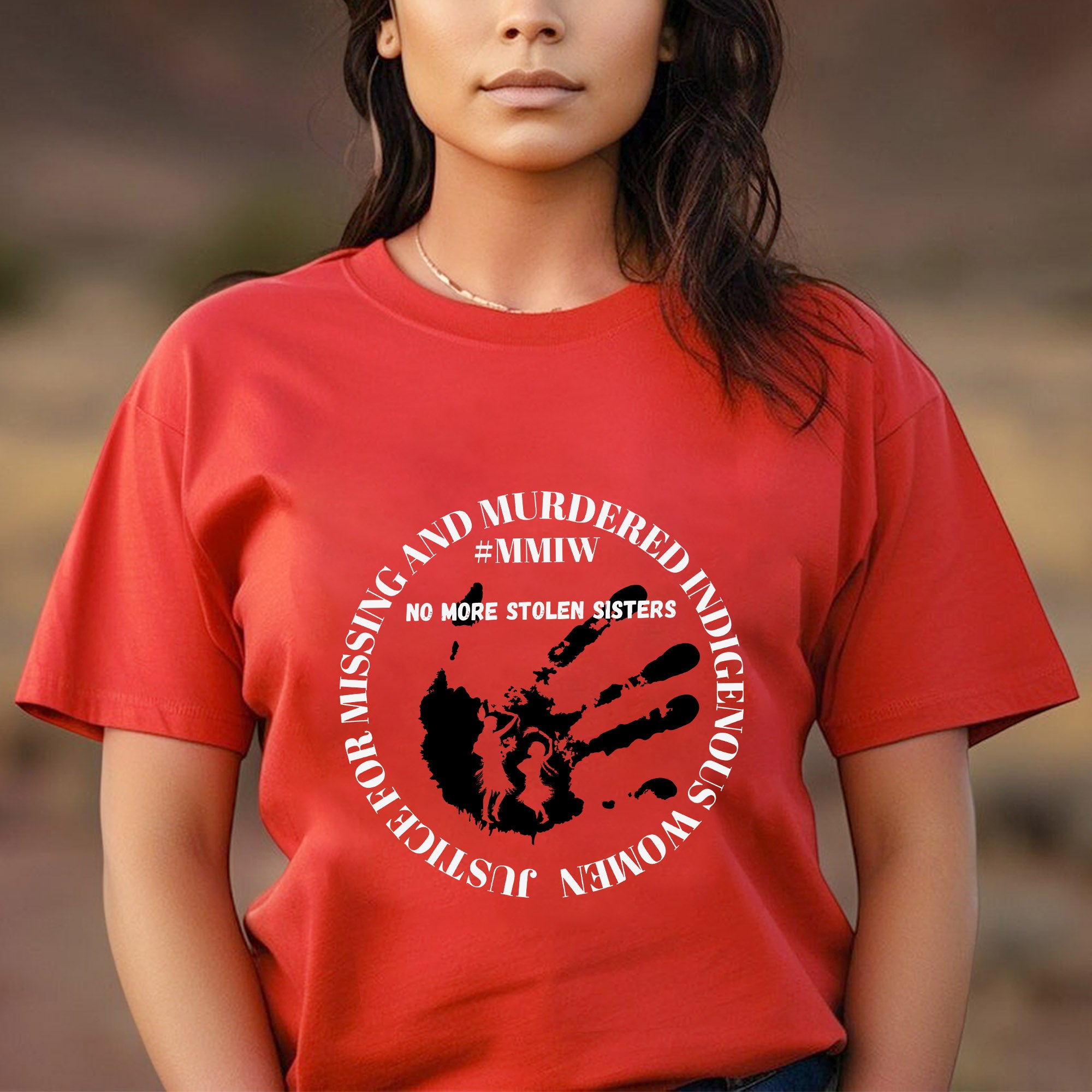 No More Stolen Sisters - MMIW Red Handprint & Silhouette Indigenous Women Unisex T-shirt/T-shirt V-Neck/Hoodie/Sweatshirt
