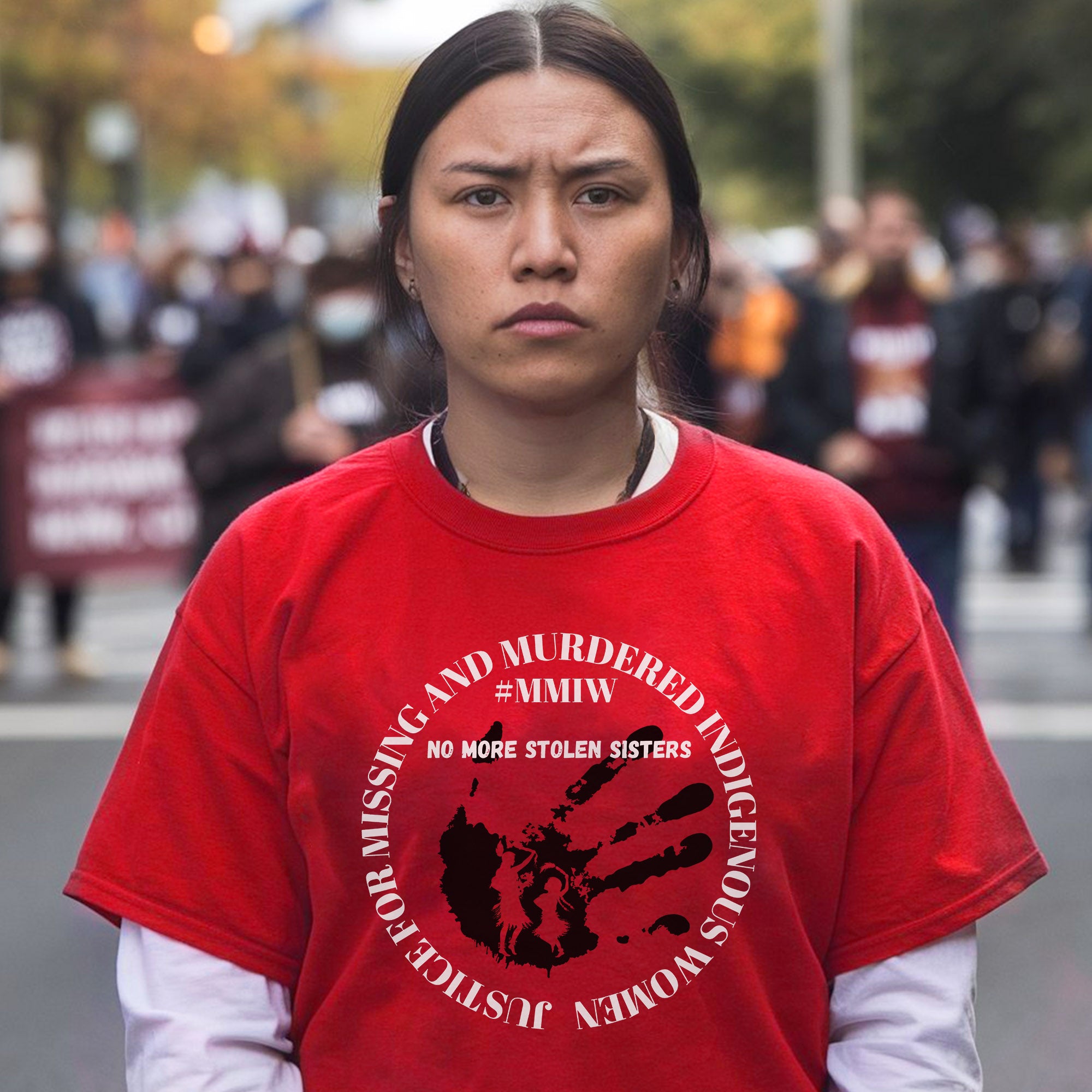 No More Stolen Sisters - MMIW Red Handprint & Silhouette Indigenous Women Unisex T-shirt/T-shirt V-Neck/Hoodie/Sweatshirt