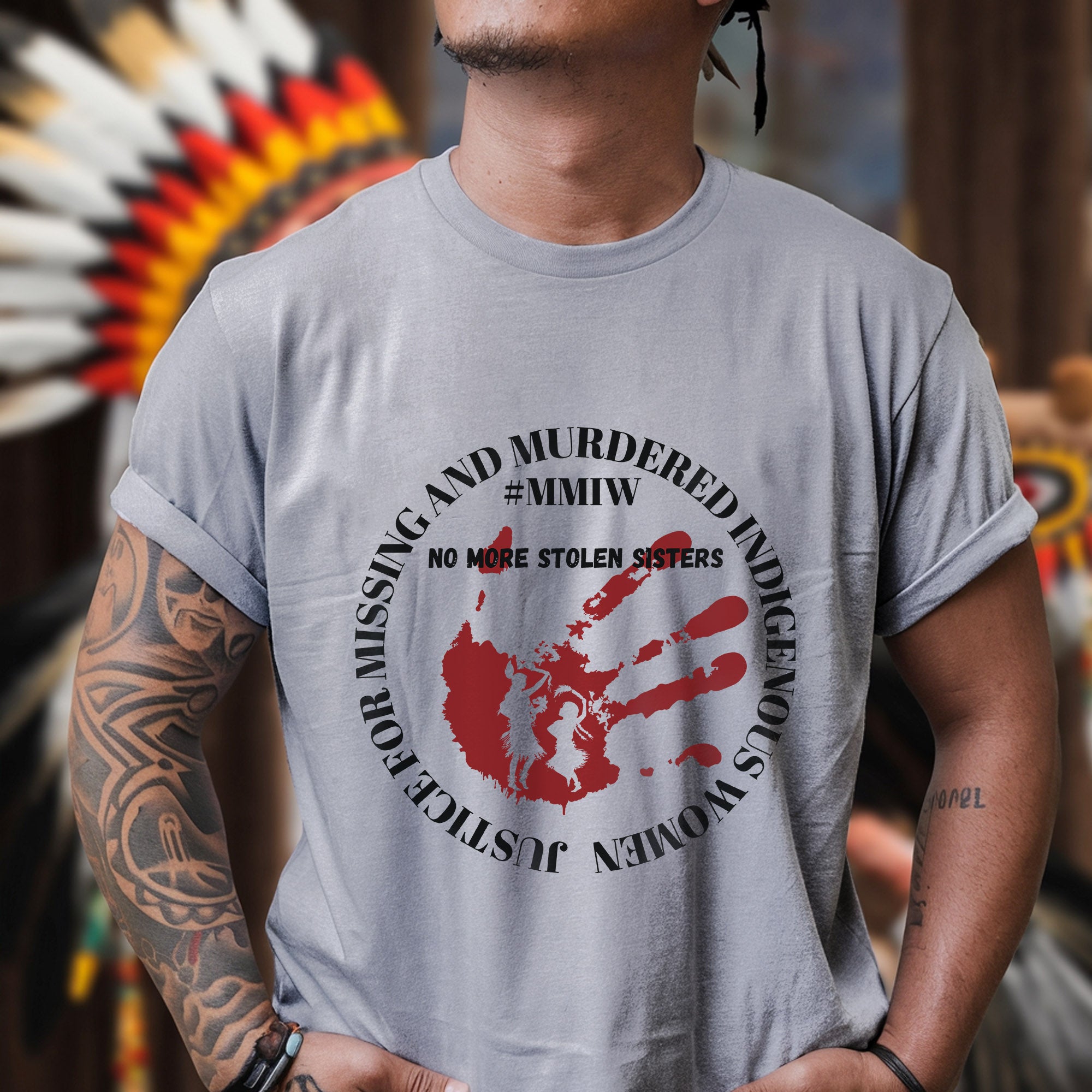 No More Stolen Sisters - MMIW Red Handprint & Silhouette Indigenous Women Unisex T-shirt/T-shirt V-Neck/Hoodie/Sweatshirt