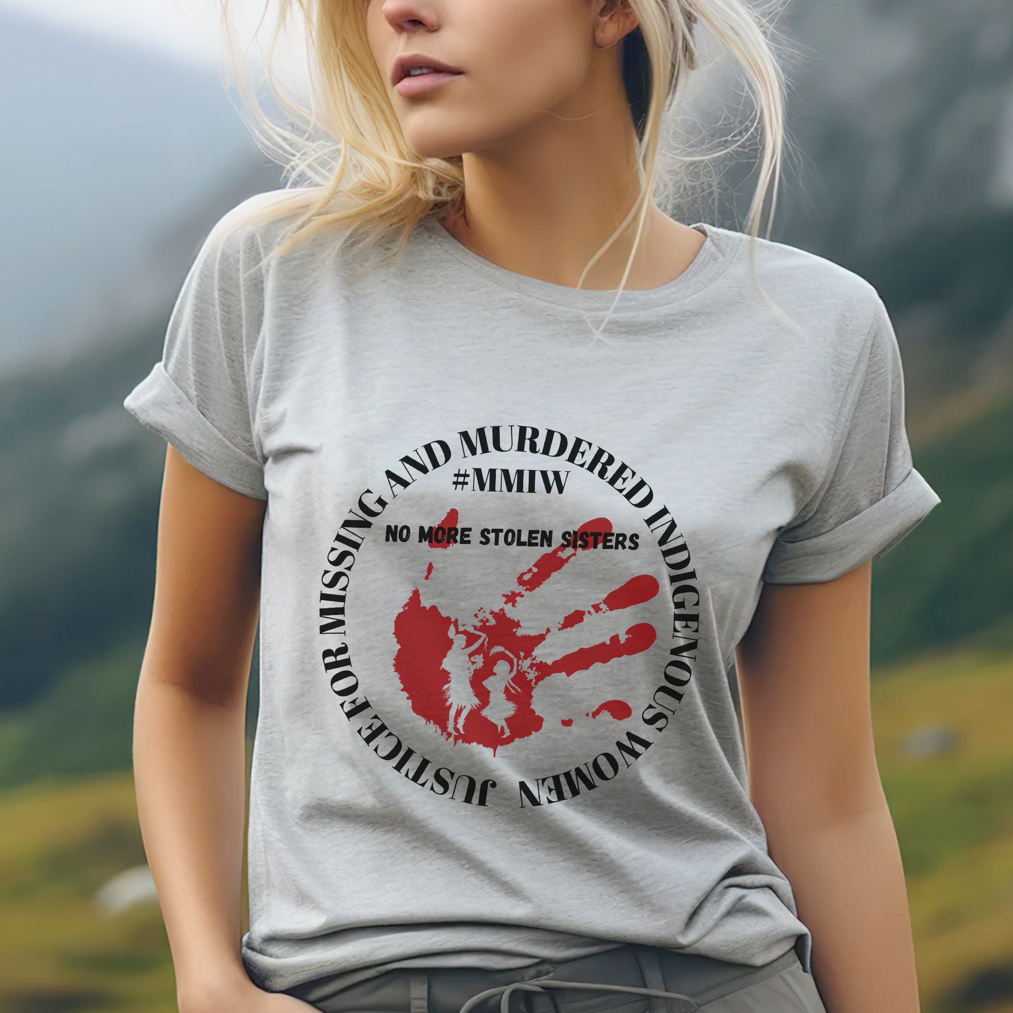 No More Stolen Sisters - MMIW Red Handprint & Silhouette Indigenous Women Unisex T-shirt/T-shirt V-Neck/Hoodie/Sweatshirt