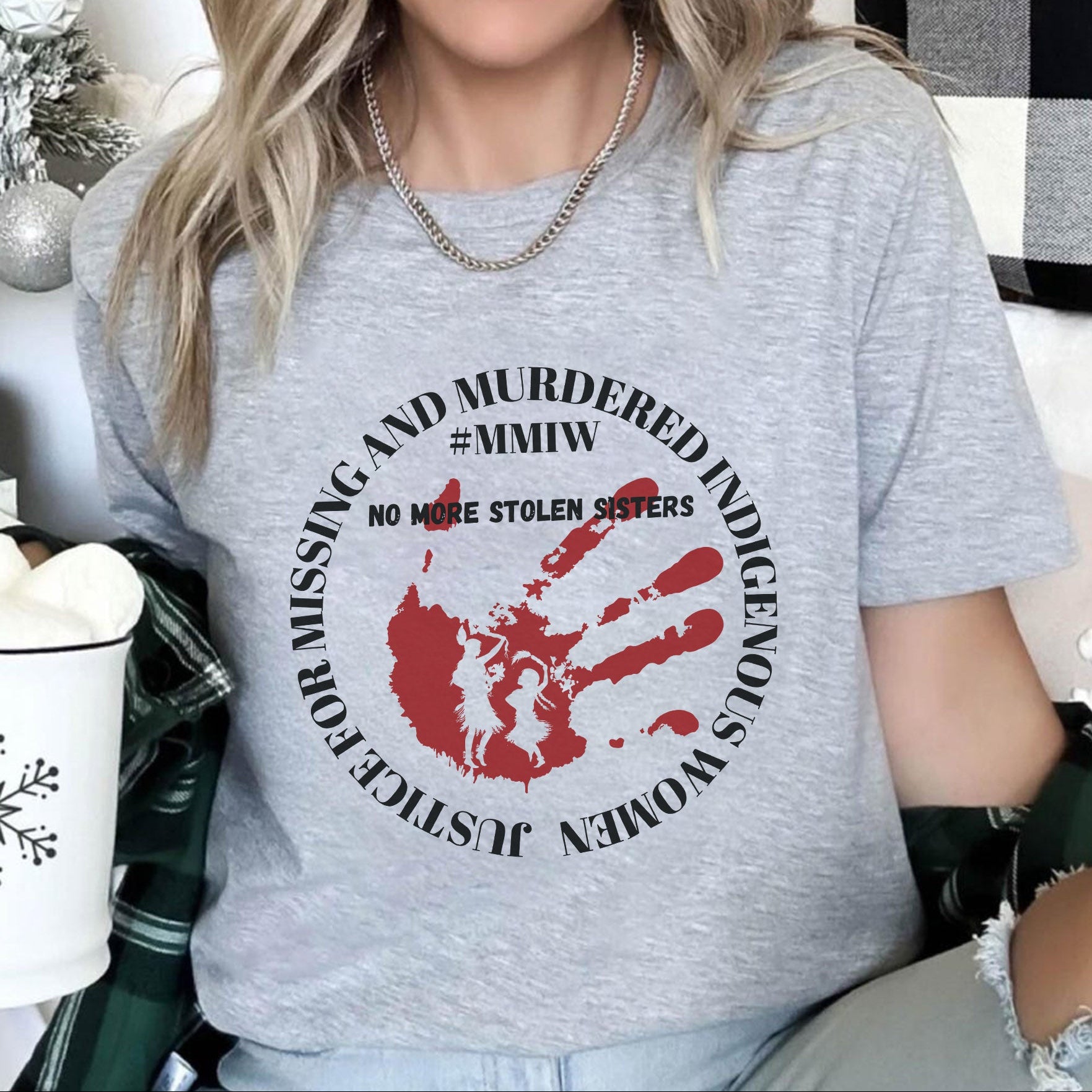 No More Stolen Sisters - MMIW Red Handprint & Silhouette Indigenous Women Unisex T-shirt/T-shirt V-Neck/Hoodie/Sweatshirt