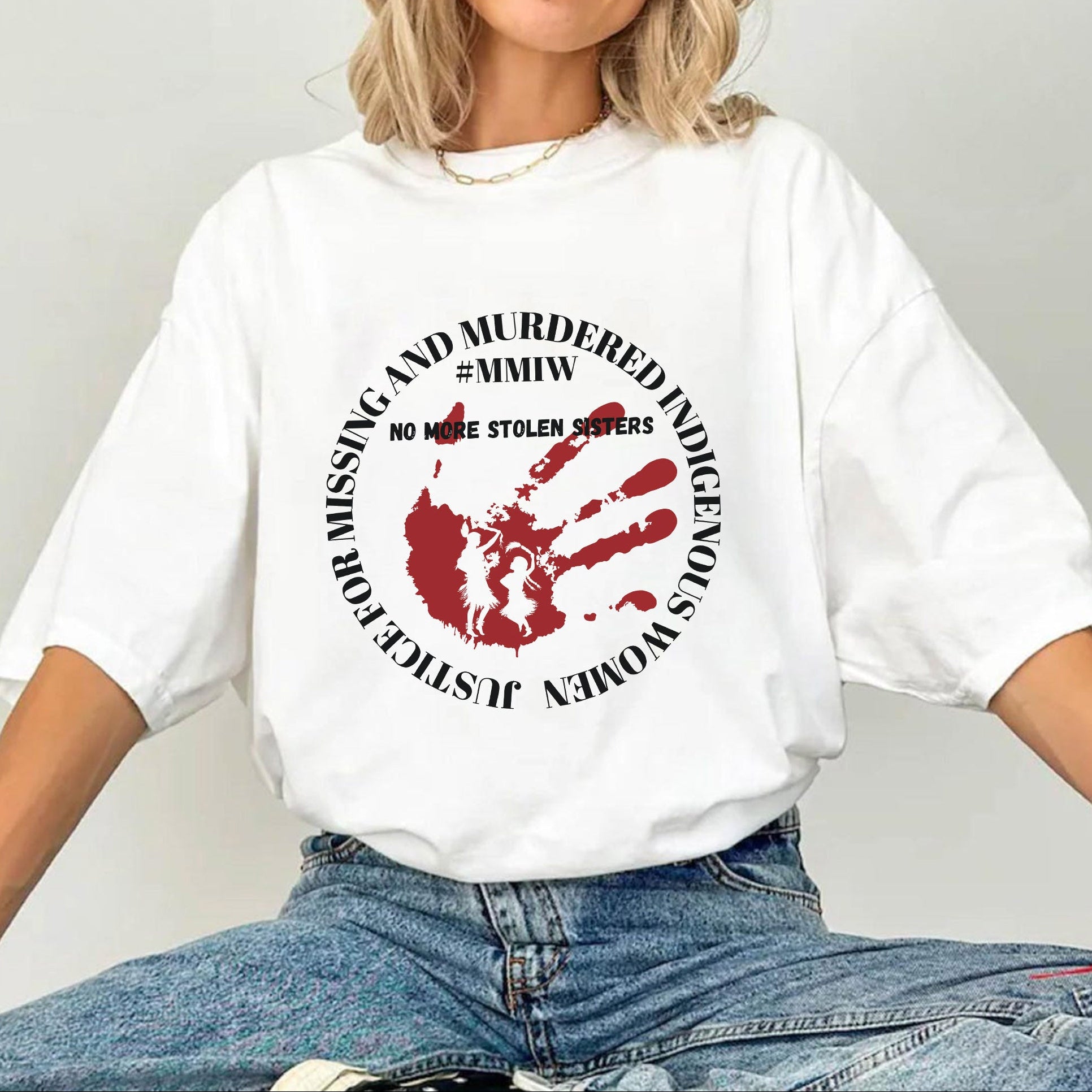 No More Stolen Sisters - MMIW Red Handprint & Silhouette Indigenous Women Unisex T-shirt/T-shirt V-Neck/Hoodie/Sweatshirt