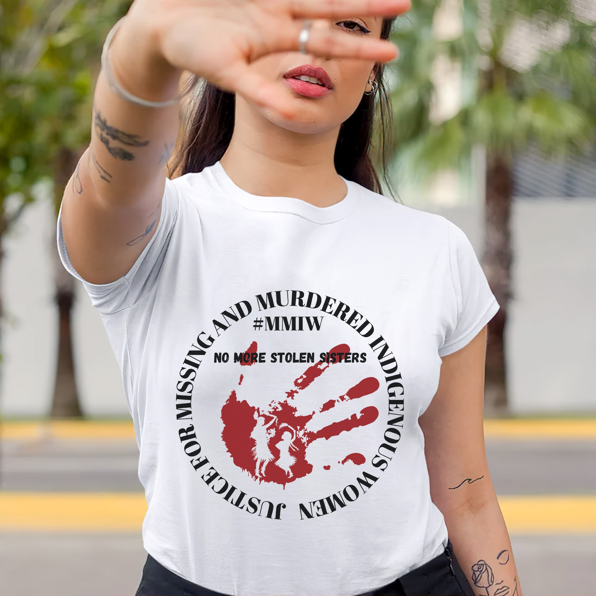 No More Stolen Sisters - MMIW Red Handprint & Silhouette Indigenous Women Unisex T-shirt/T-shirt V-Neck/Hoodie/Sweatshirt