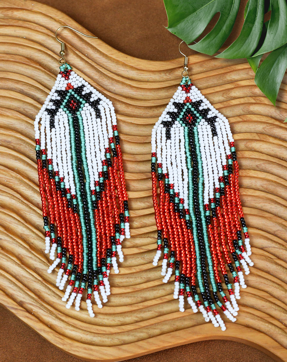Handmade Native Beaded Tassel Earrings – Red, White, and Green