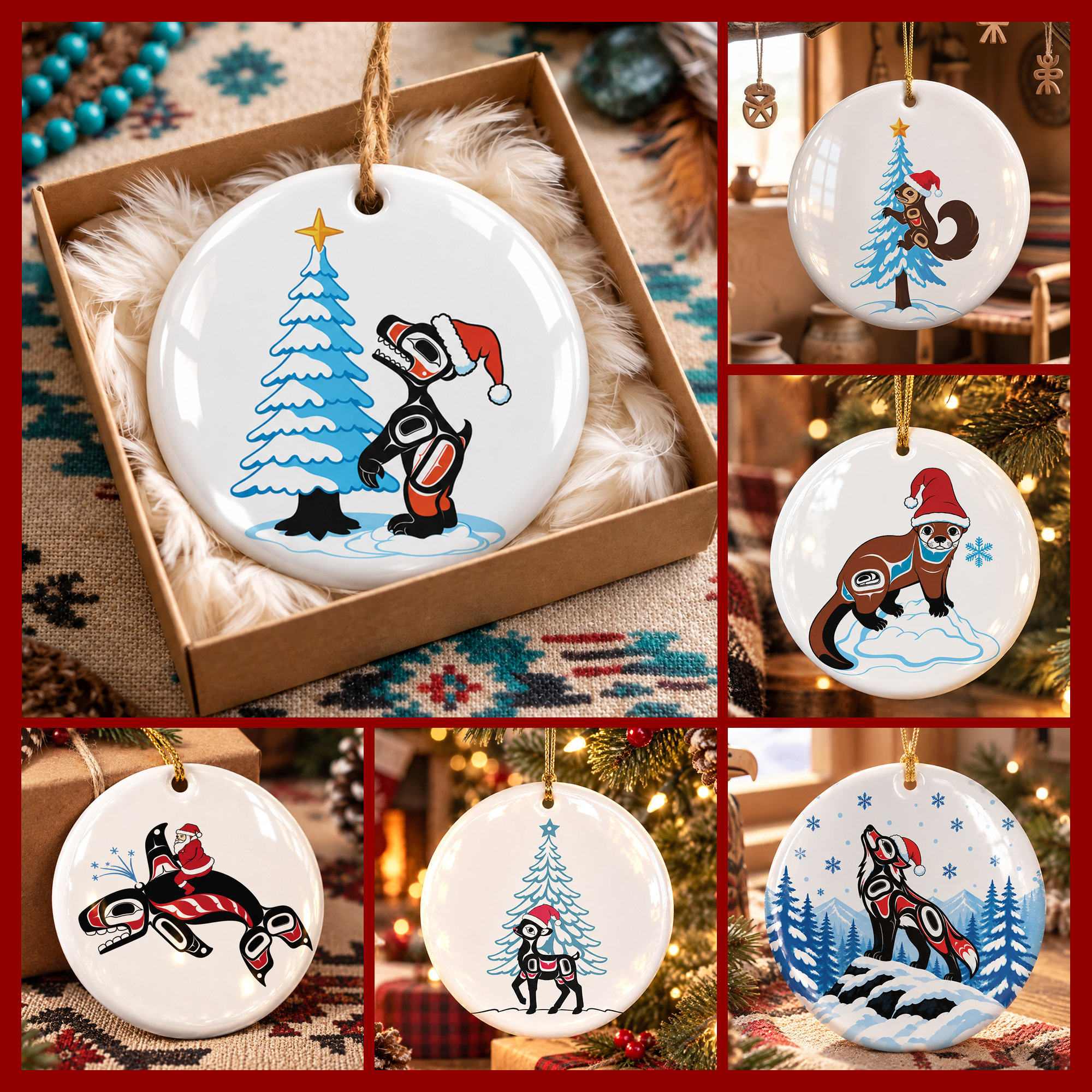 Native Inspired Animals Christmas Native Tribal Ceramic Ornament - Indigenous Art Decor