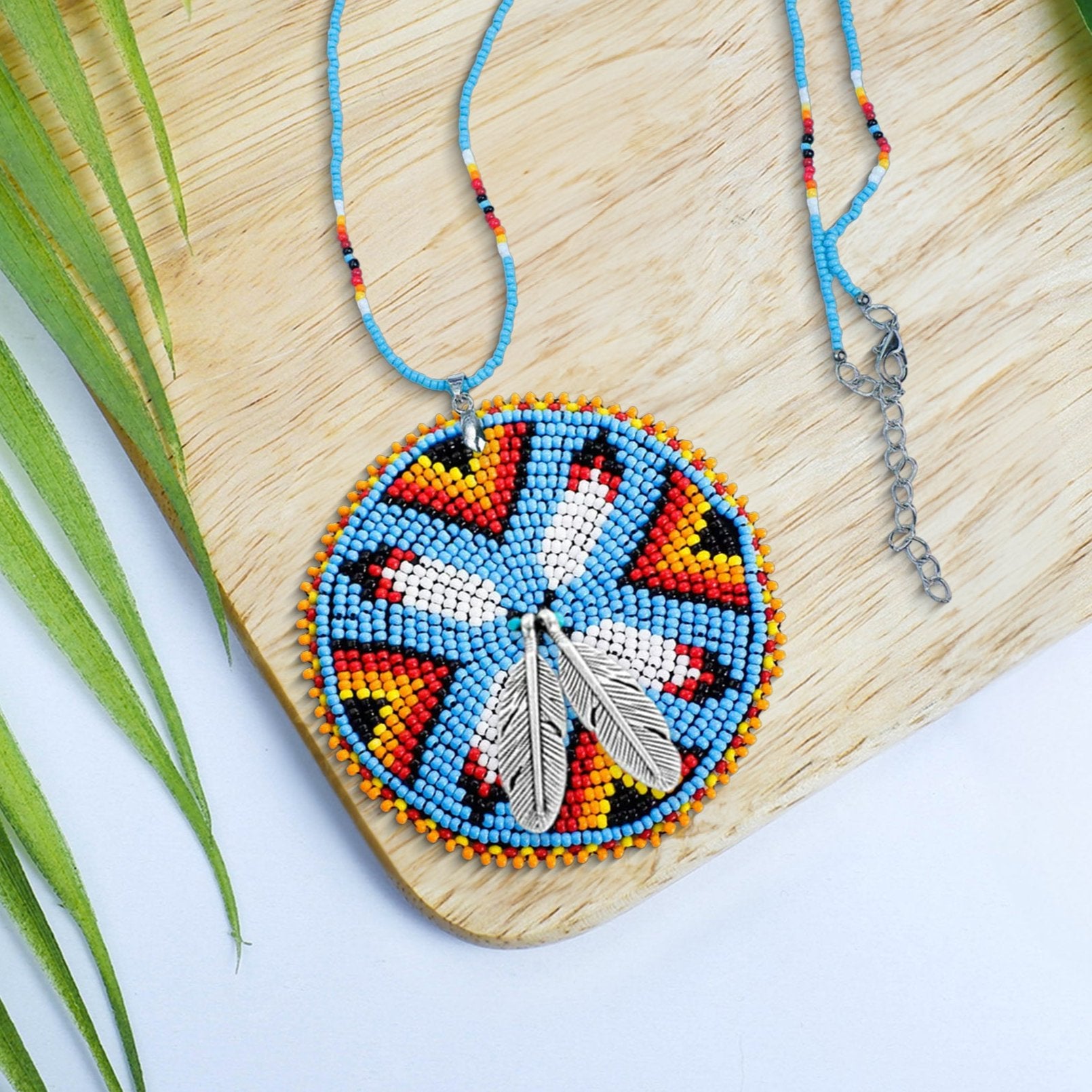 SALE 50% OFF - Four Feather Handmade Beaded Wire Necklace Pendant