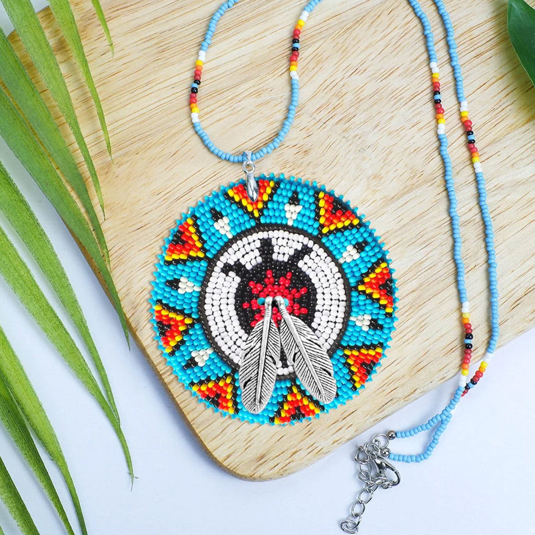 SALE 50% OFF -  Blue Turtle Pattern Handmade Beaded Patch Necklace Pendant