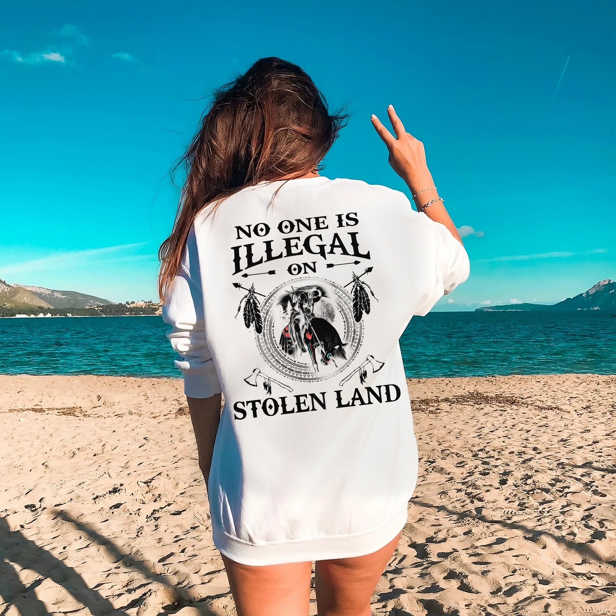 No One Is Illegal On Stolen Land. We Walk On Native Land Style 5 - One Side Unisex Back T-shirt/Hoodie/Sweatshirt