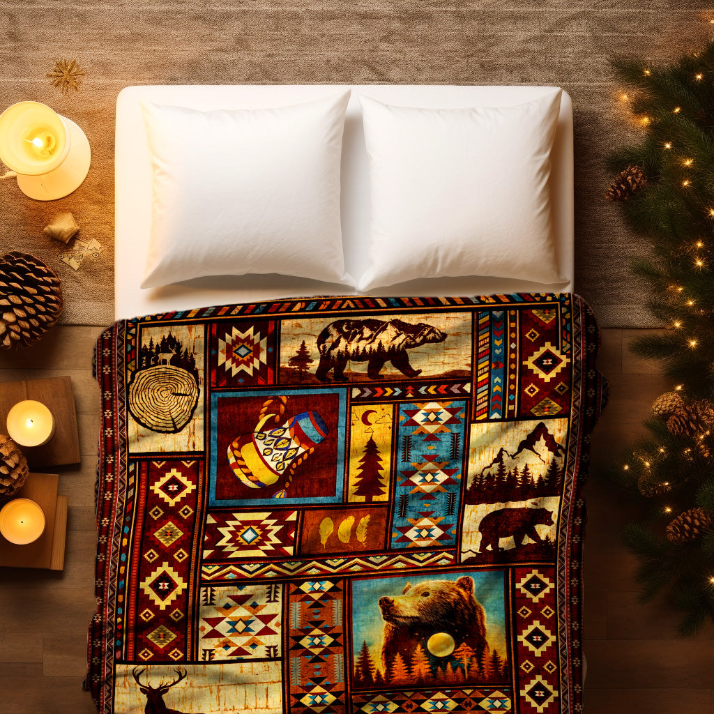 Native Wildlife Patchwork Native Spirit Art Fleece Blanket