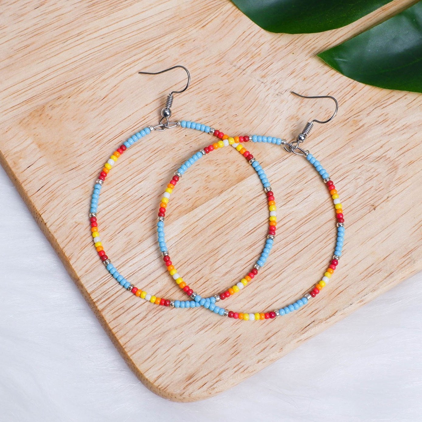 SALE 50% OFF - Blue Round Pattern Beaded Handmade Hoop Earrings For Women