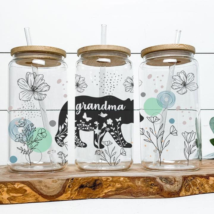 Mama and Grandma Bear - Borosilicate Glass Cup with Lid and Straw - Gift for Grandma and Mom, Special Grandma and Mom Appreciation Gift