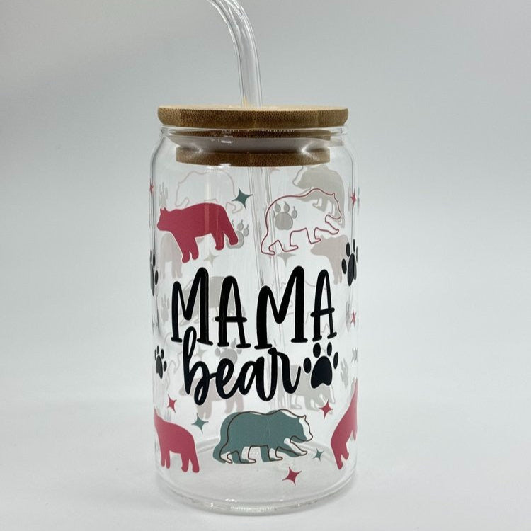 Mama and Grandma Bear - Borosilicate Glass Cup with Lid and Straw - Gift for Grandma and Mom, Special Grandma and Mom Appreciation Gift