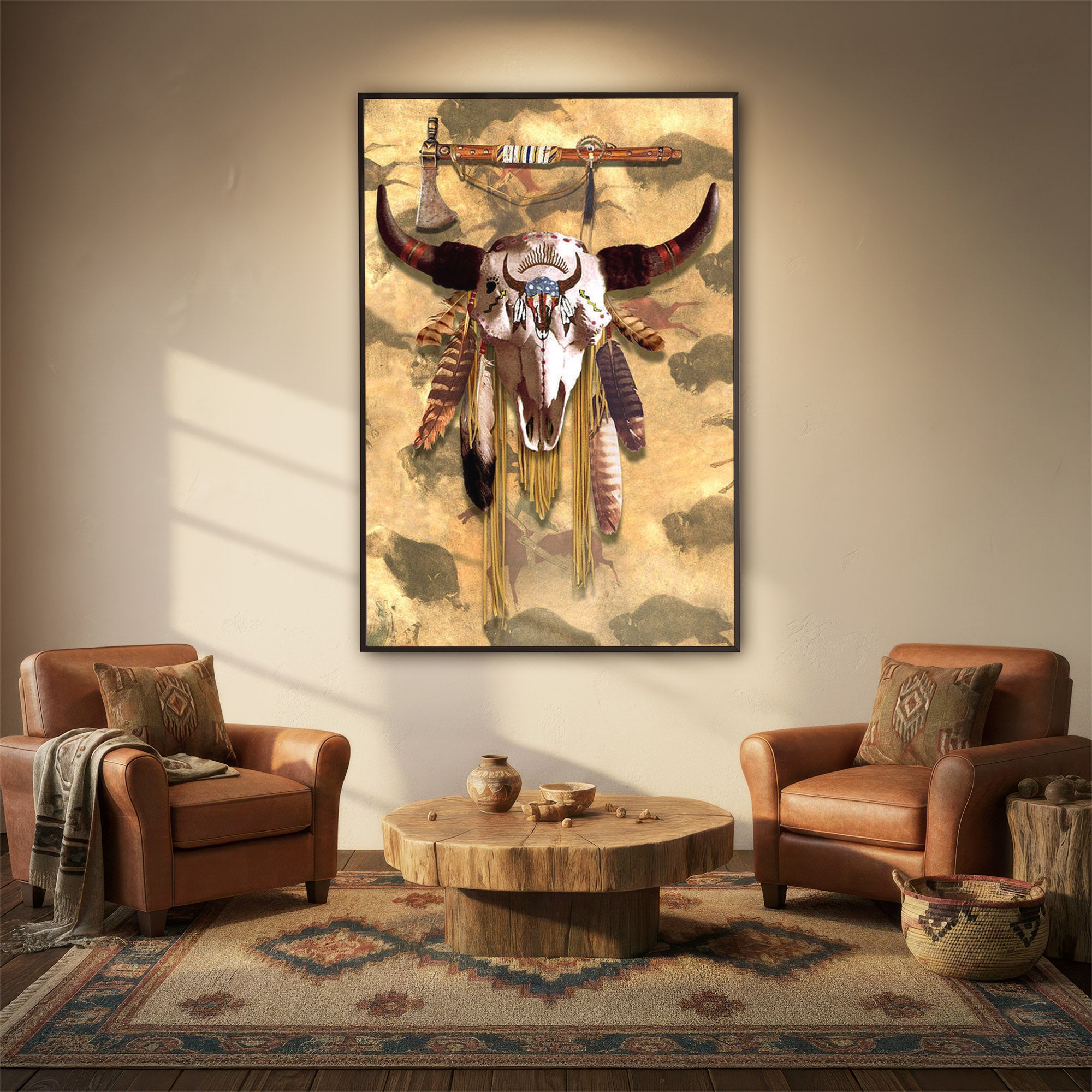 Buffalo Head Skull Feather Mark Poster/Canvas