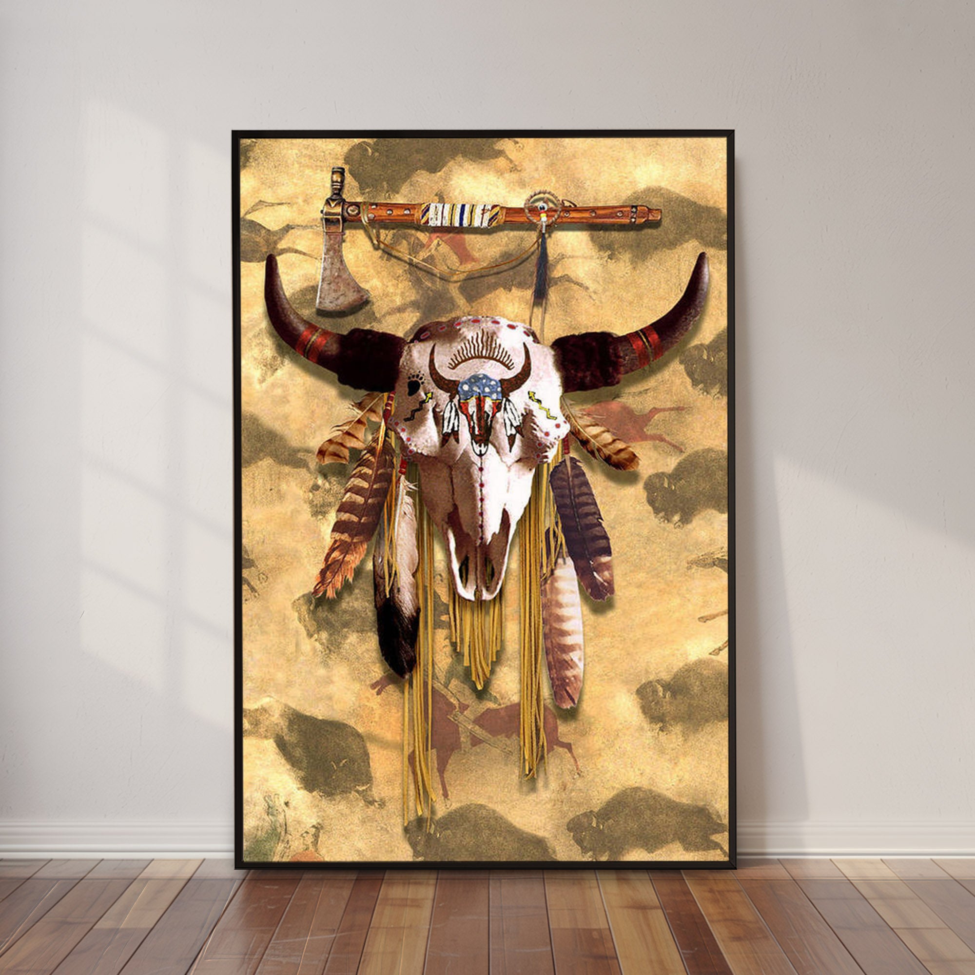 Buffalo Head Skull Feather Mark Poster/Canvas