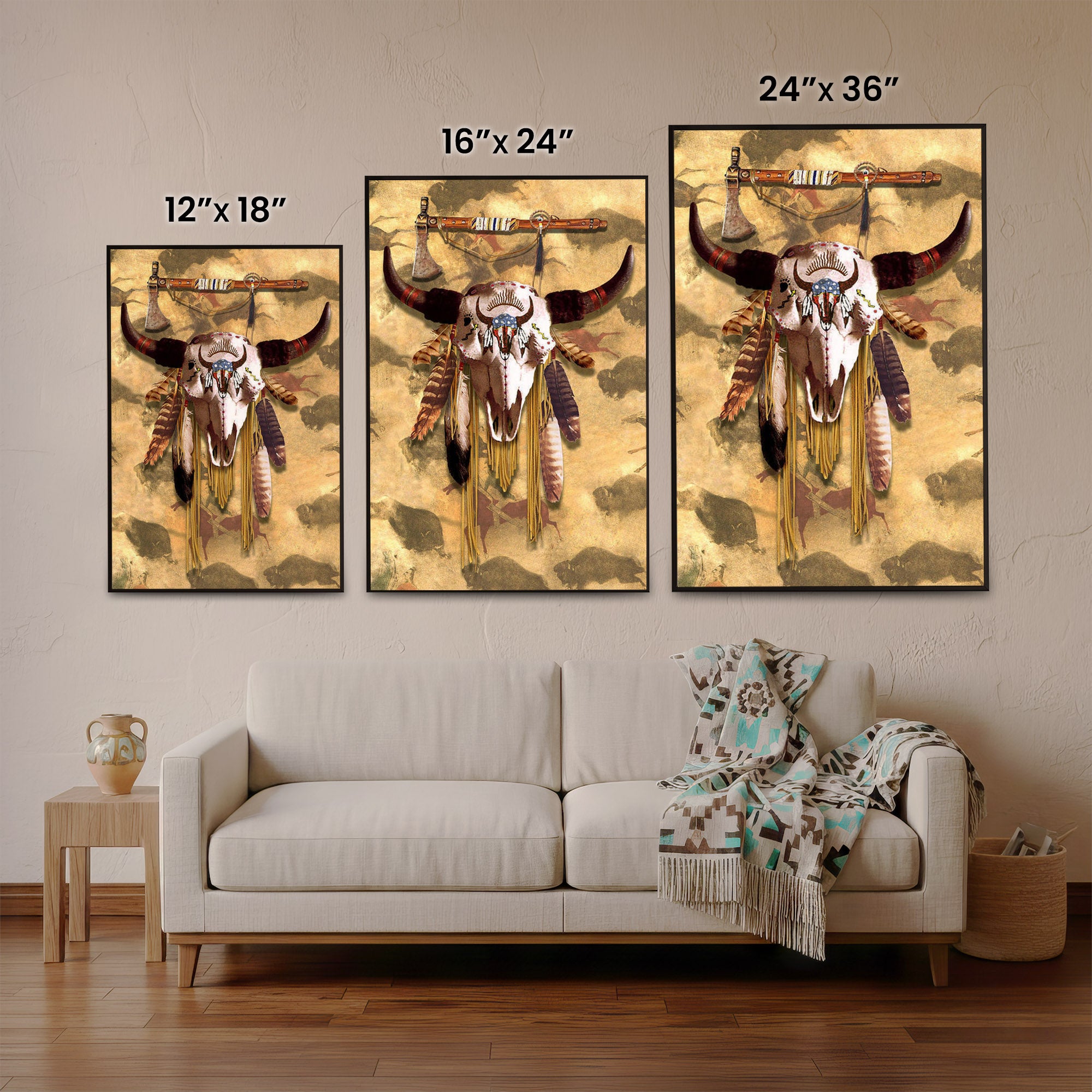 Buffalo Head Skull Feather Mark Poster/Canvas