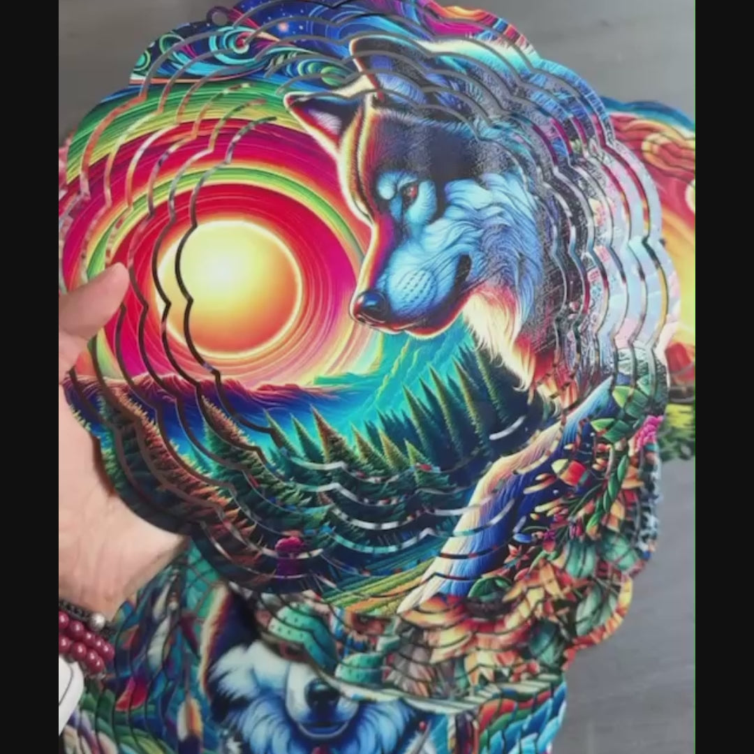 Colorful Native American Wolf Wind Spinner 005