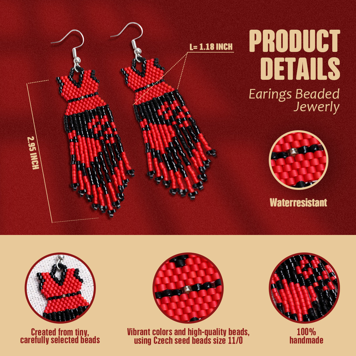 SALE 50% OFF - Native American Beaded Dress Earrings - Red and Black