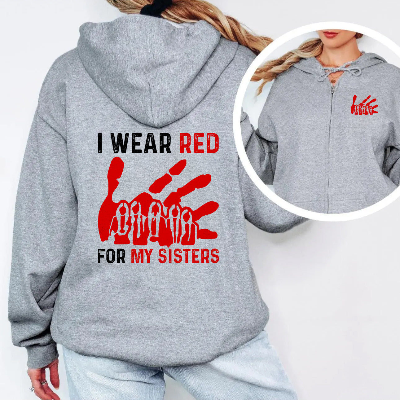 [Two Sides] I Wear Red for My Sisters MMIW Awareness Unisex Tank Top/Long Sleeve/Hoodie Zip