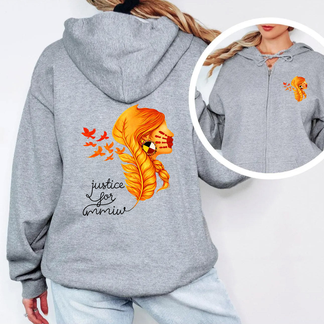 [Two Sides] Justice for MMIW Hoodie - Indigenous Woman with Feather Design Unisex Tank Top/Long Sleeve/Hoodie Zip