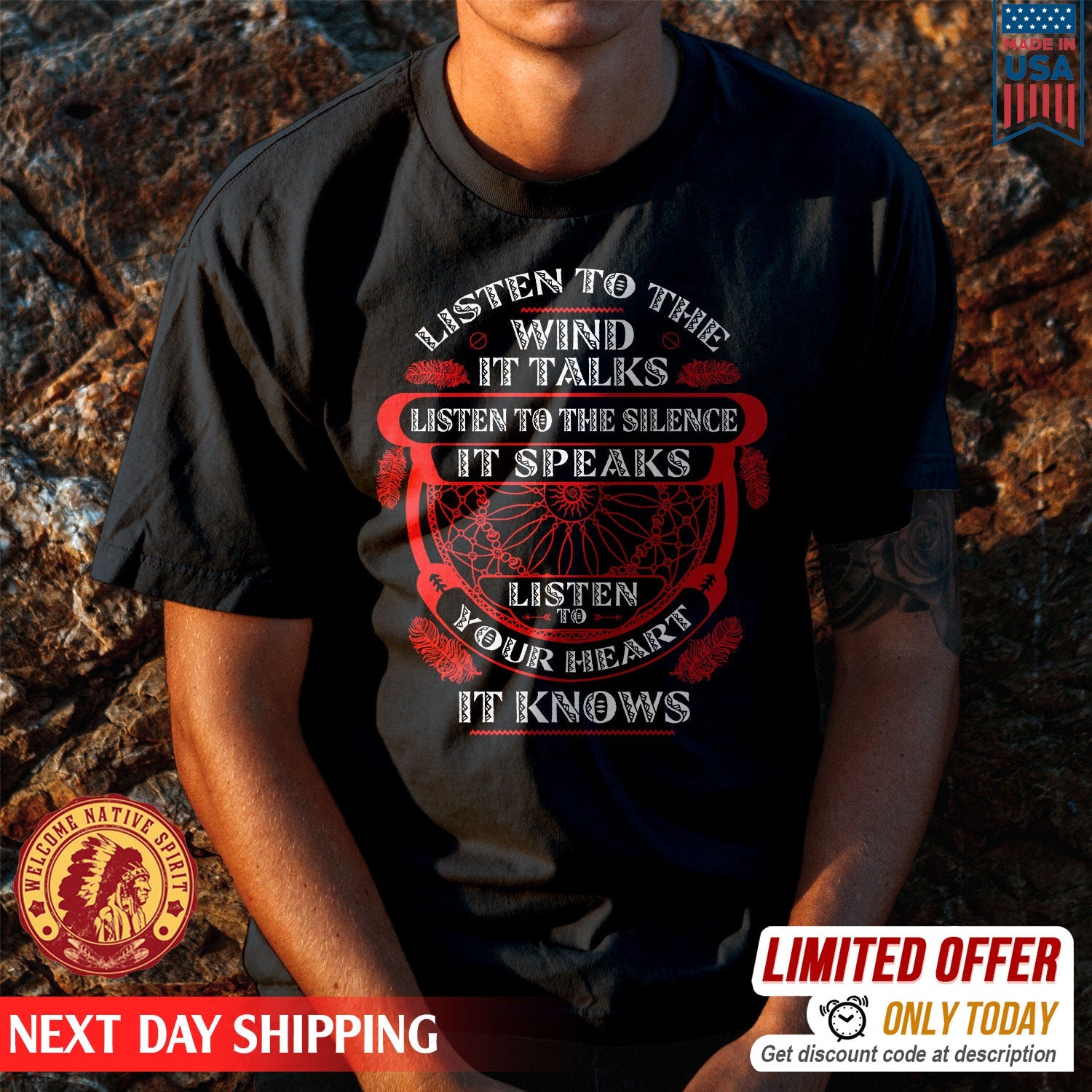 Native American Listen To The Wind Listen To Your Heart Red Art Unisex T-Shirt/Hoodie/Sweatshirt