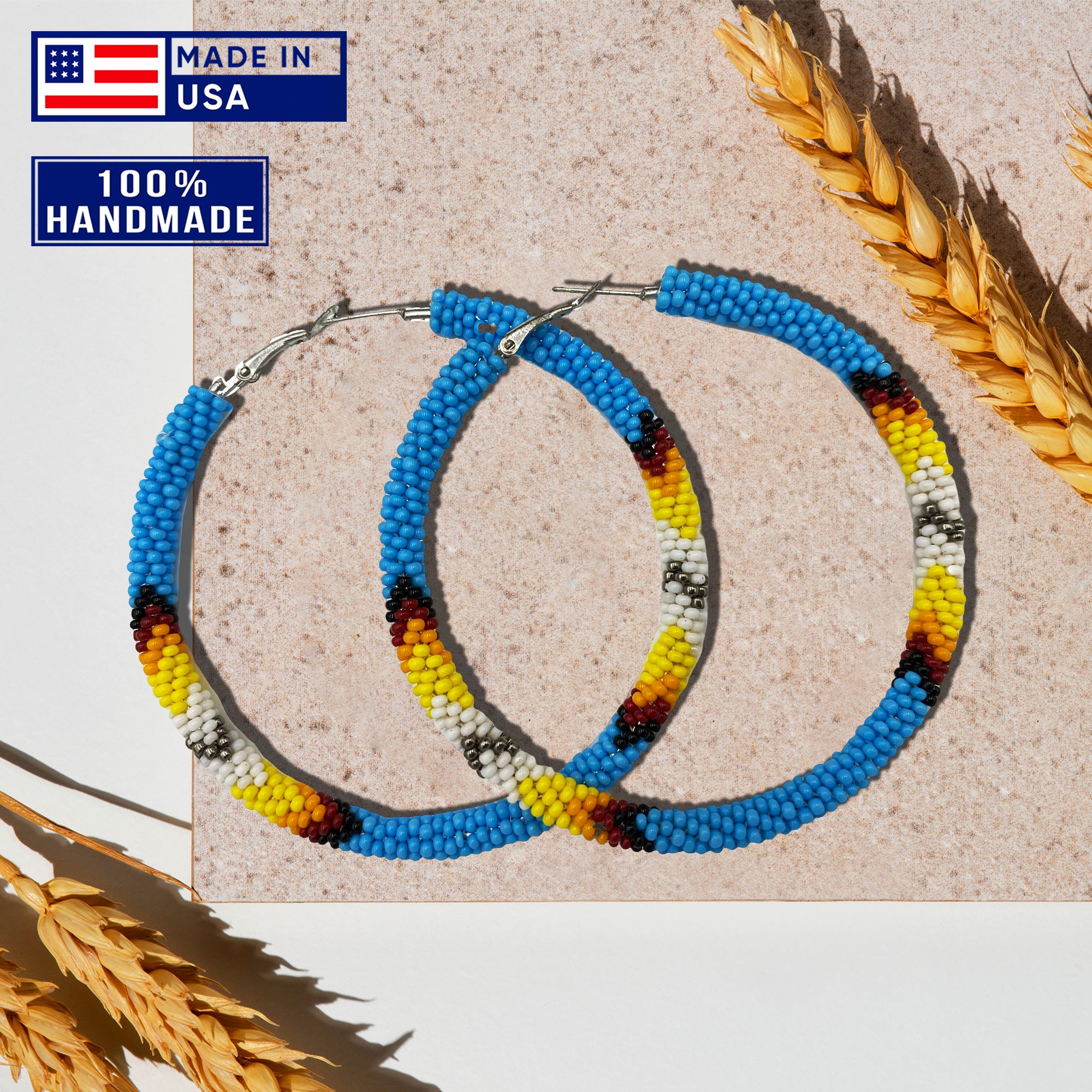 SALE 50% OFF - Handmade Cyan Blue 3-Inch Hoop Beaded Earrings for Women