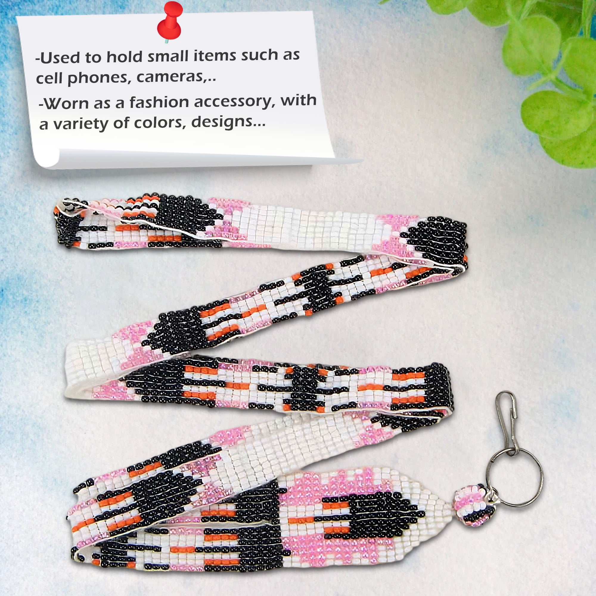 SALE 50% OFF - Pink White Black Beaded Feather Beadwork Lanyard Id Holder Handmade