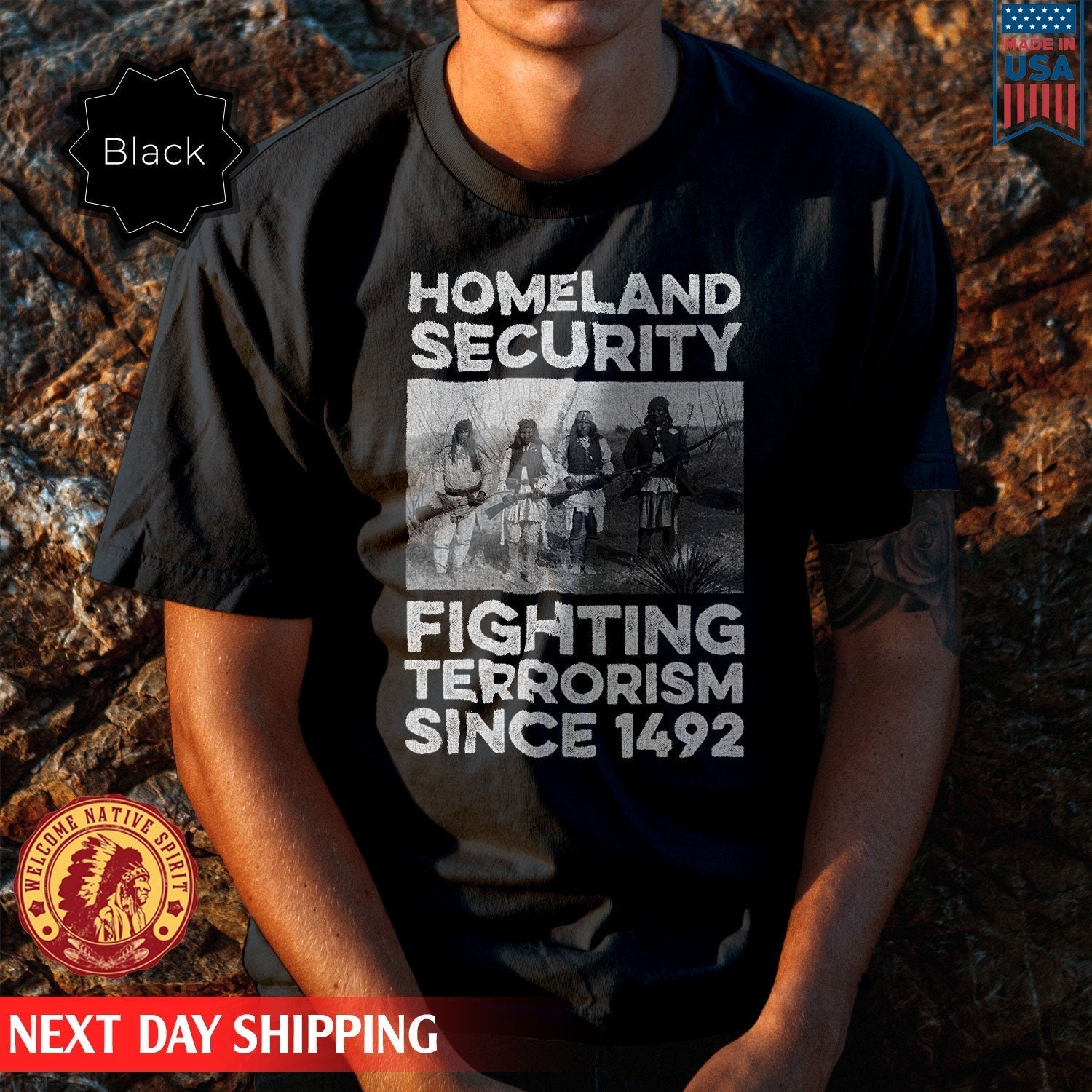 Native American - Homeland Security Fighting Terrorism Since 1492 Four Man Fighting Shirt 024