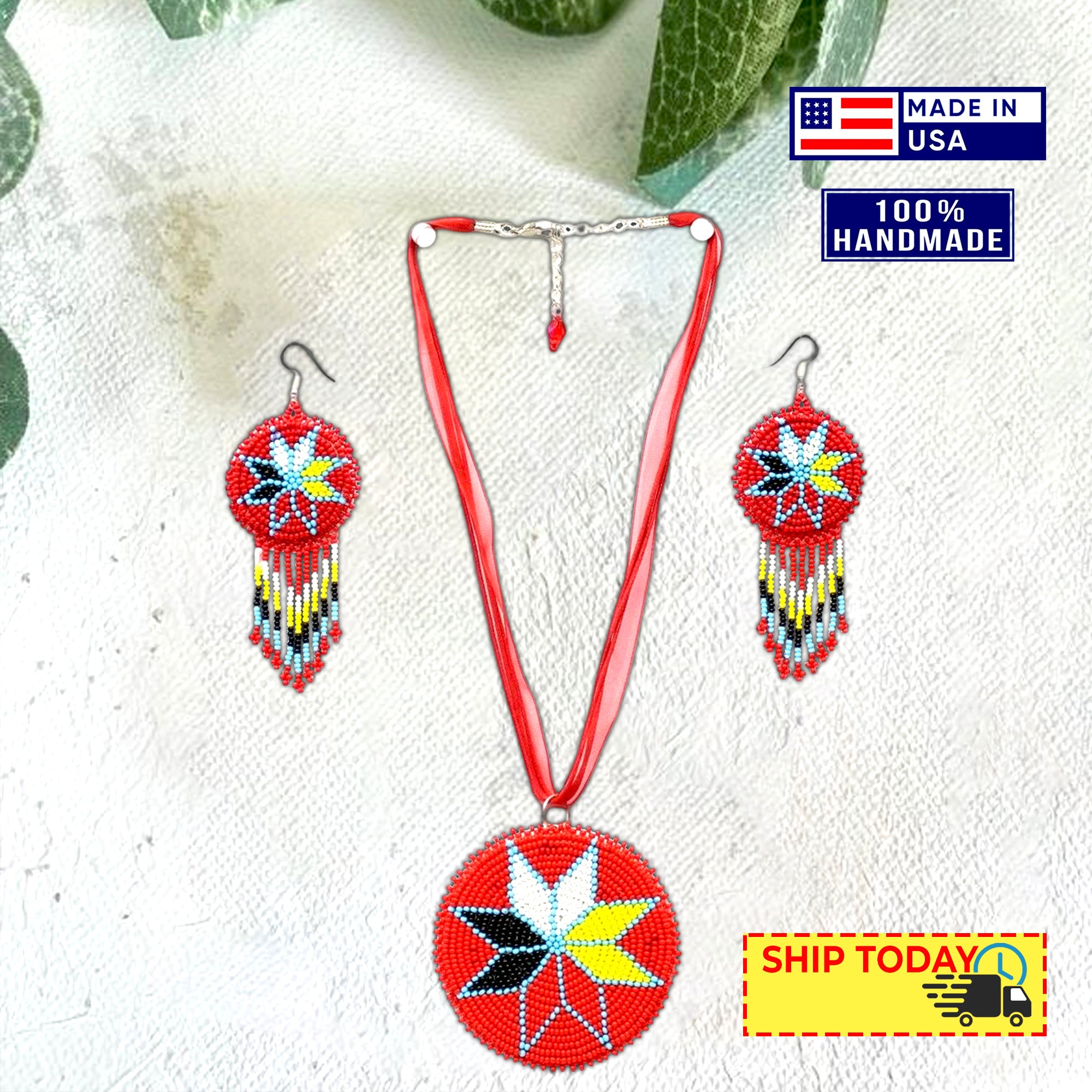 SALE 50% OFF Handmade Beaded Red Medallion Directions Necklace Earrings Set
