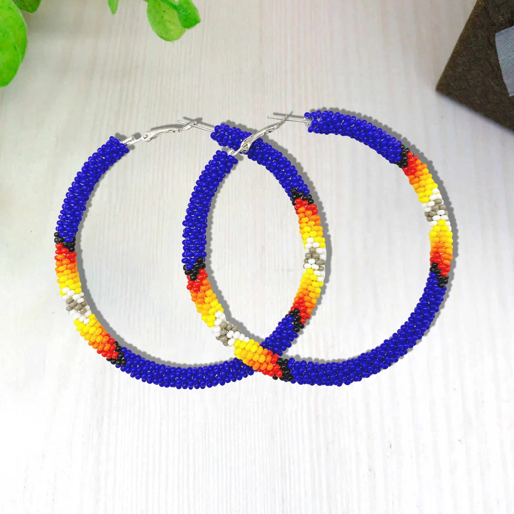 SALE 50% OFF - Handmade Deep Blue Pattern Hoop Beaded Earrings for Women
