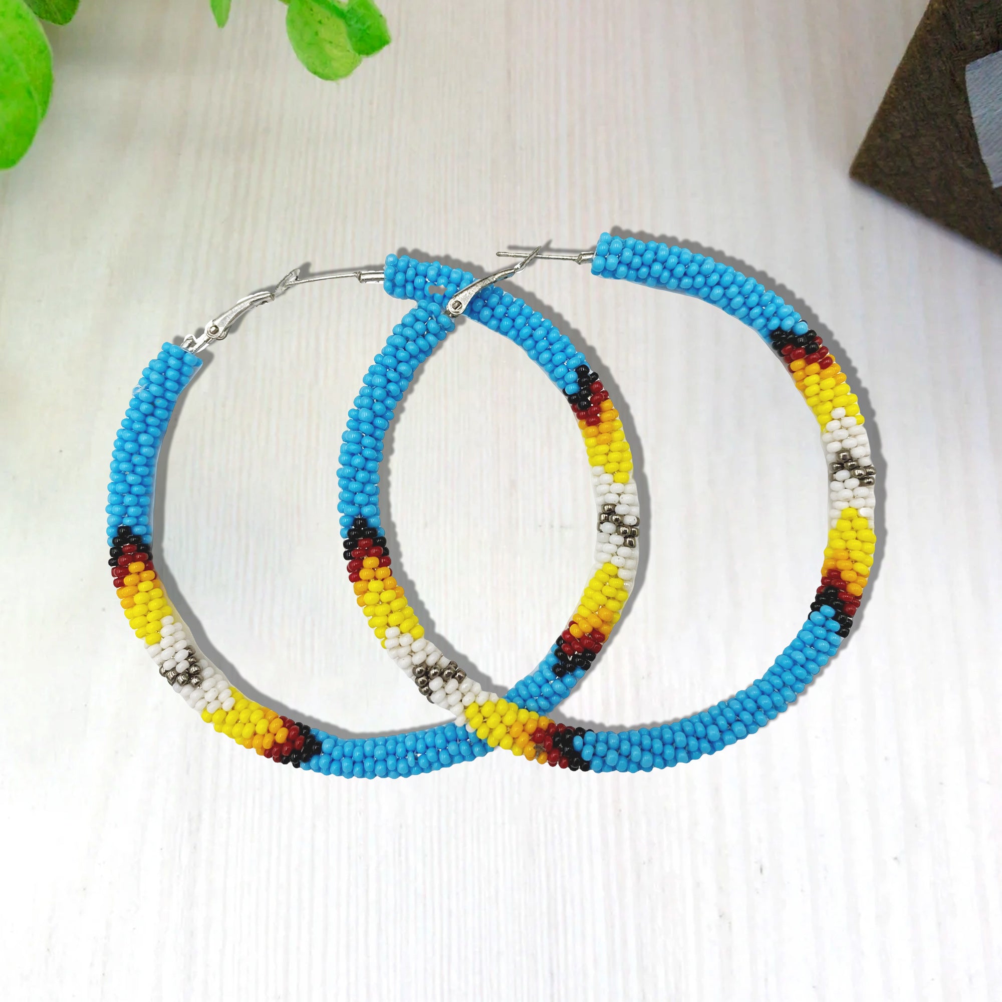 SALE 50% OFF - Handmade Cyan Blue 3-Inch Hoop Beaded Earrings for Women