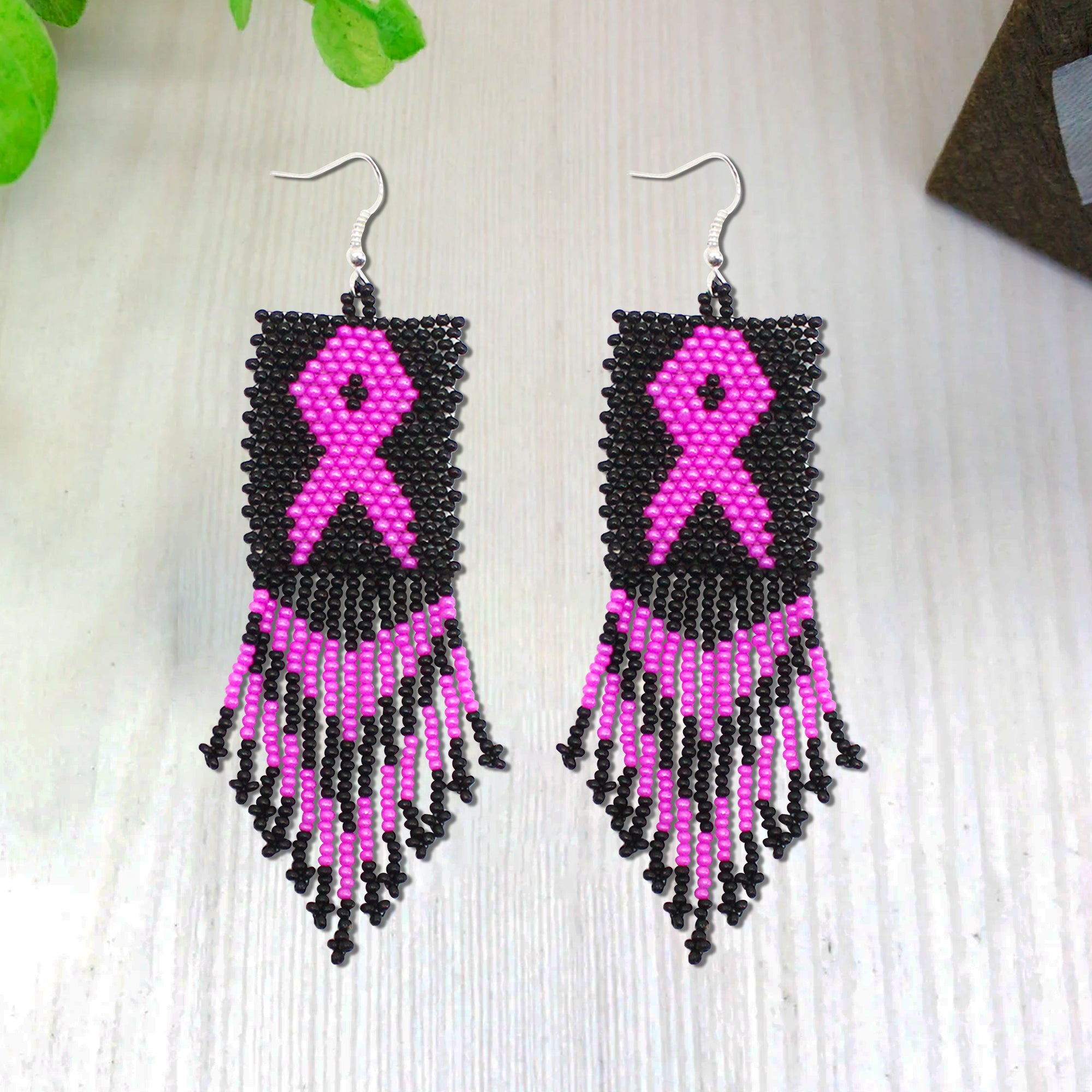 SALE 50% OFF - Black Pink Breast Cancer Awareness Beaded Handmade Earrings For Women